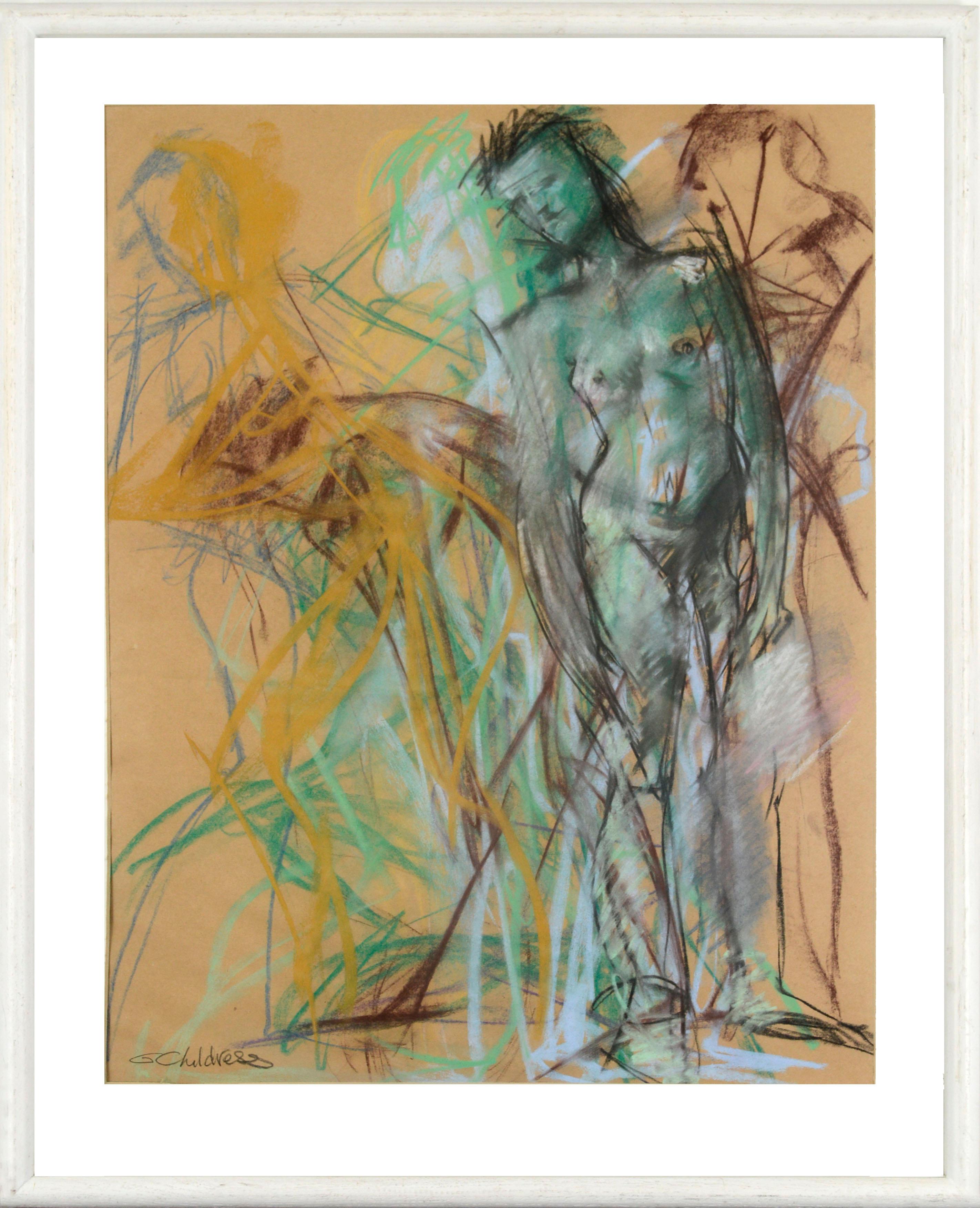 Figures in Motion, Abstract Expressionist Pastel Drawing 