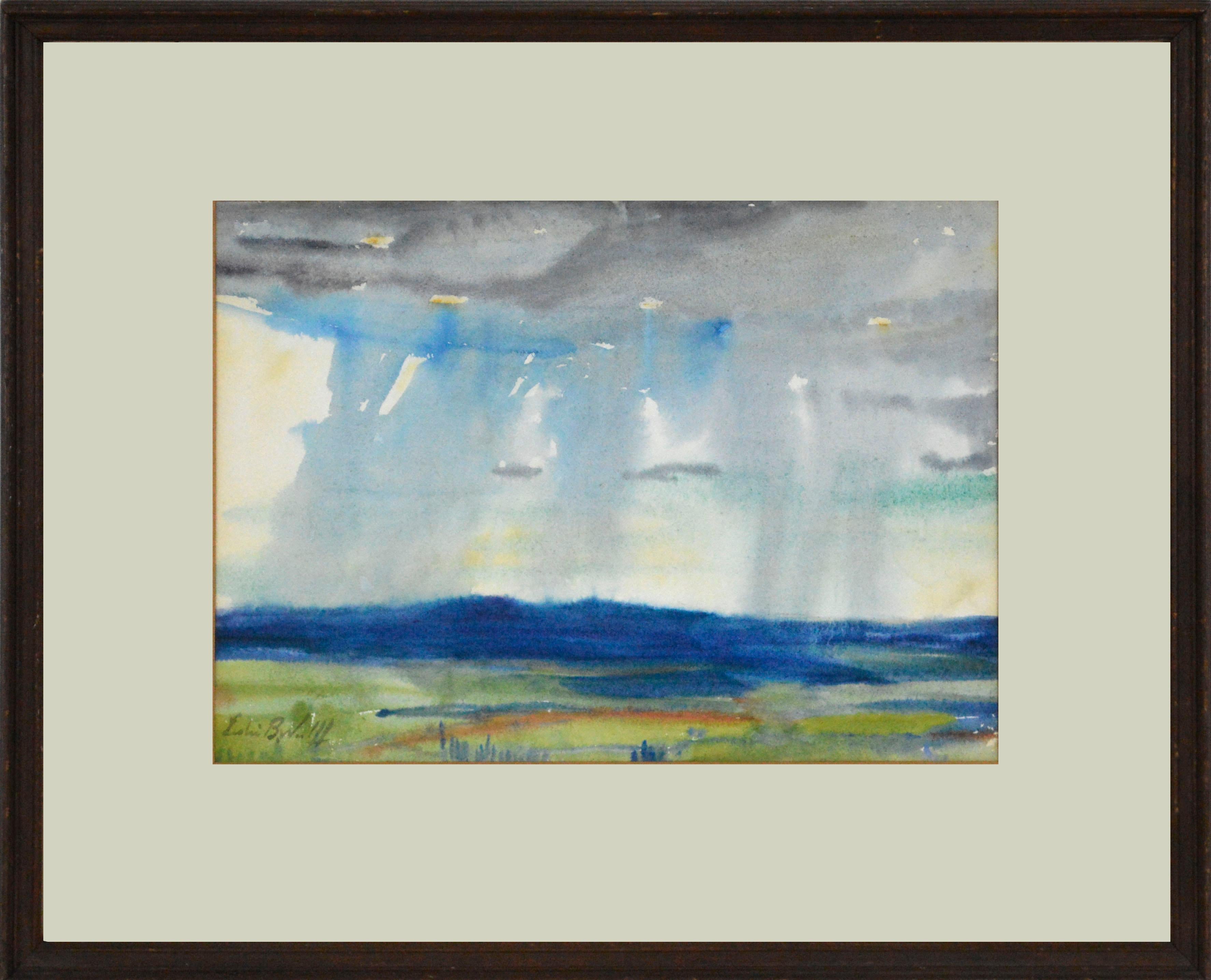 Landscape Art Leslie Bruner Wulff - ""Approaching Storm", Aquarelle d'un paysage de tempête de pluie en Californie du milieu des années 1930 