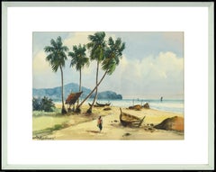 Figures on the Beach, Mid Century East Java Indonesia Coast Landscape Watercolor