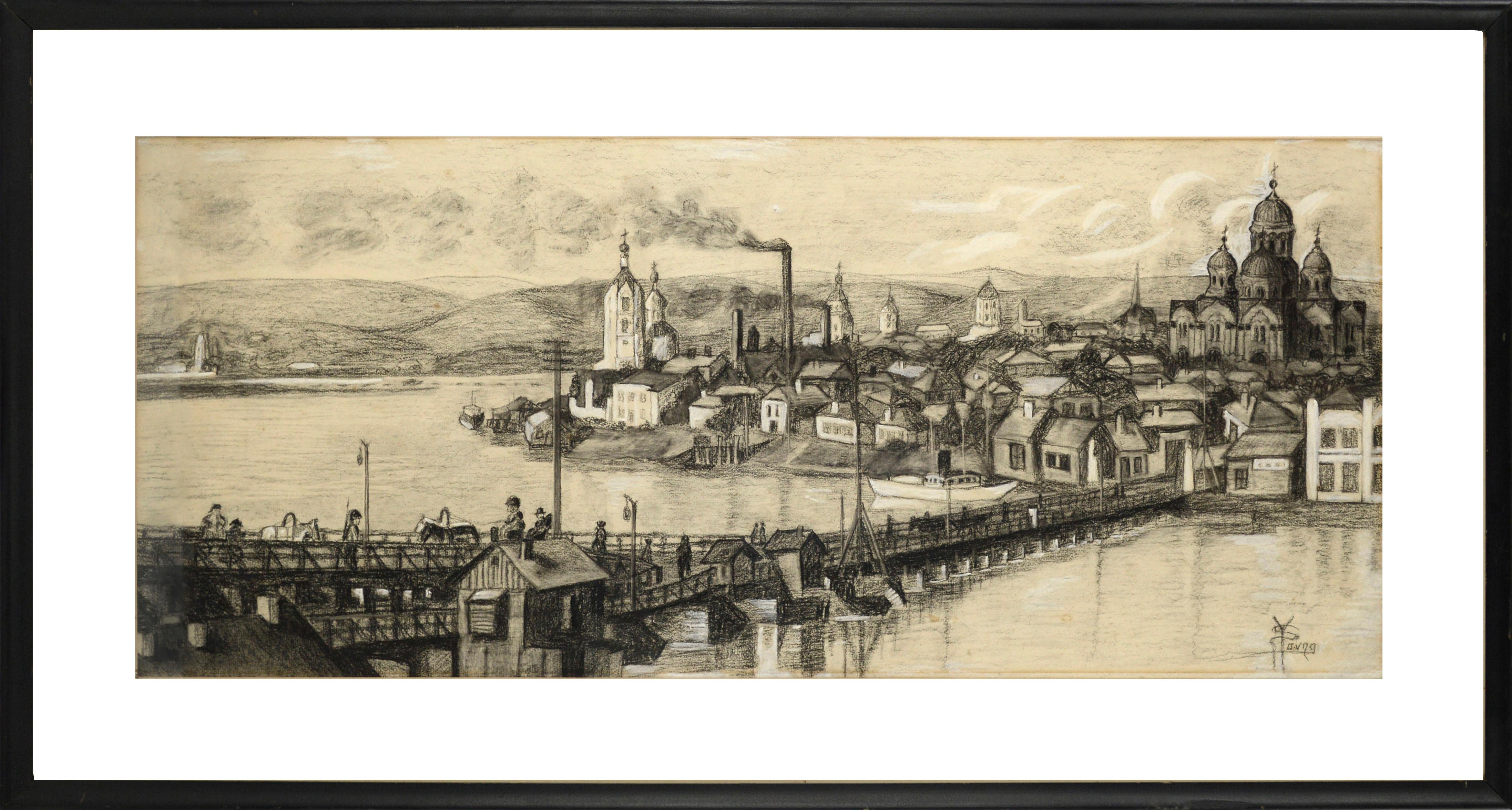 View of Tallinn, Estonia - Figurative Landscape Panoramic Charcoal Drawing 