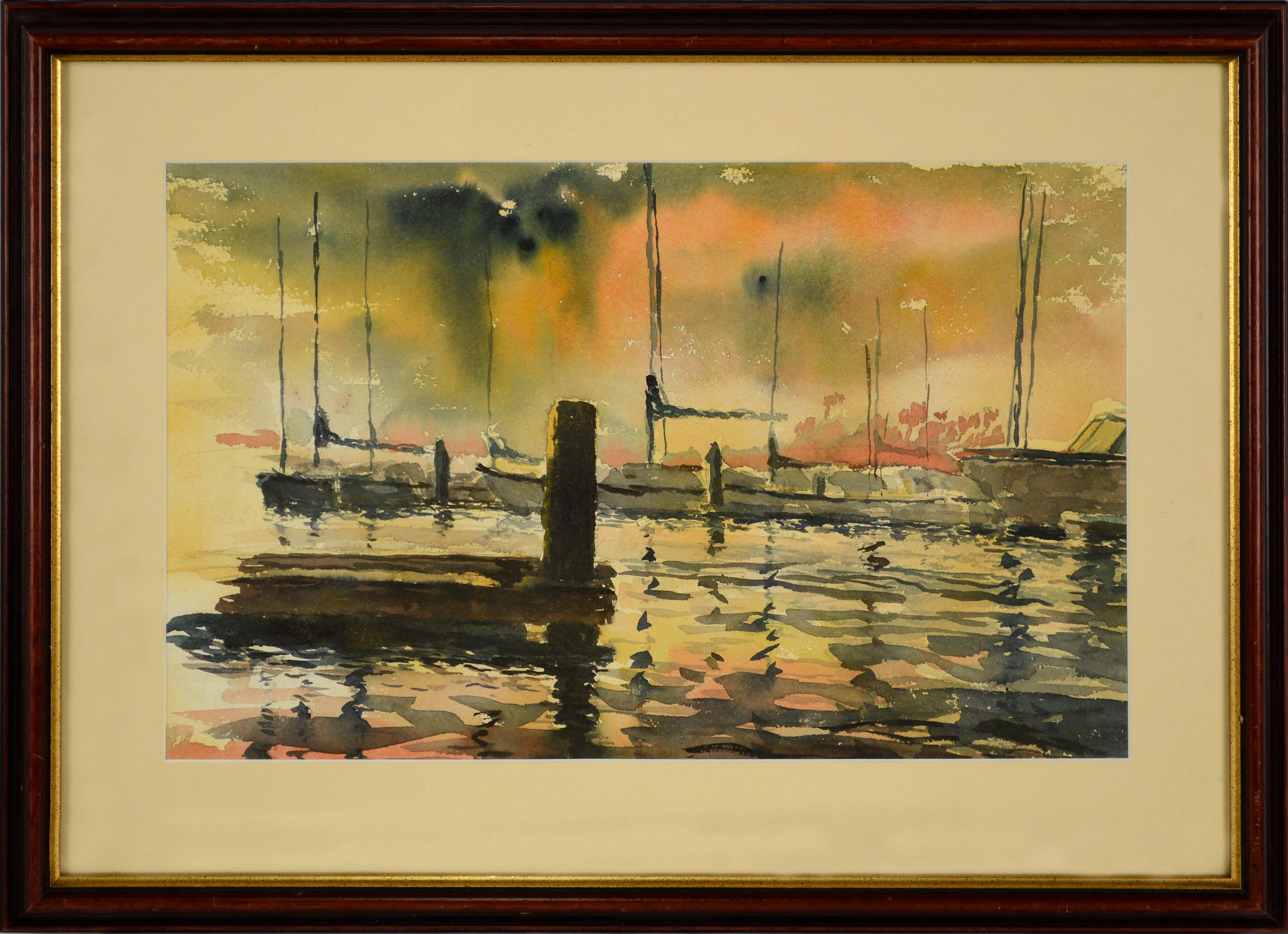 Marco Sassone Landscape Art - Sunset on the Harbor, Vintage Double Sided Watercolor Seascape with Boats, 1969