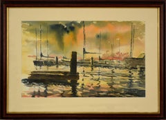 Sonnenuntergang am Hafen, doppelseitiges Aquarell Meereslandschaft mit Booten, 1969