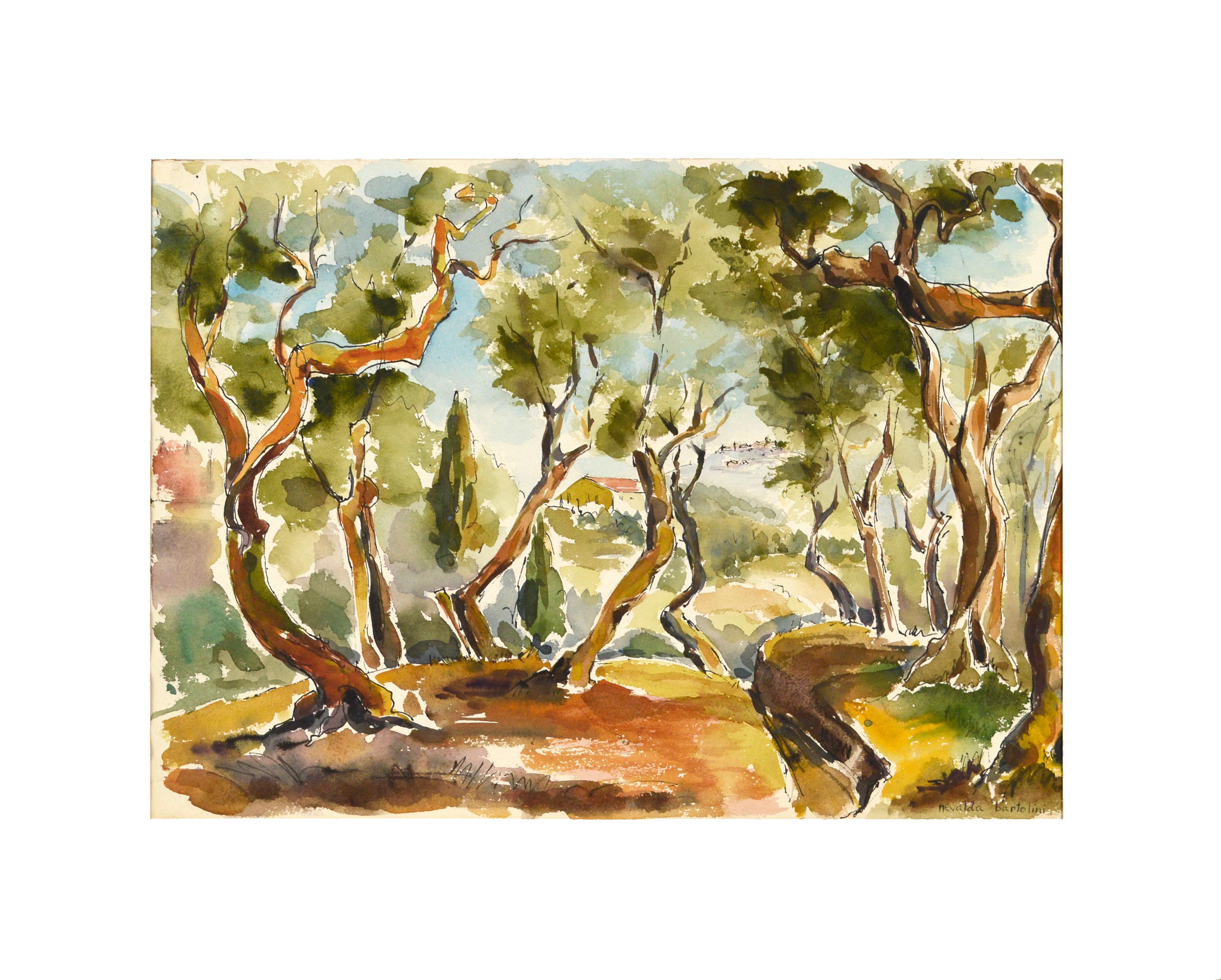 Hilltop Through the Trees, modernistische Aquarelllandschaft – Art von Nevalda Bartolini Liberi 