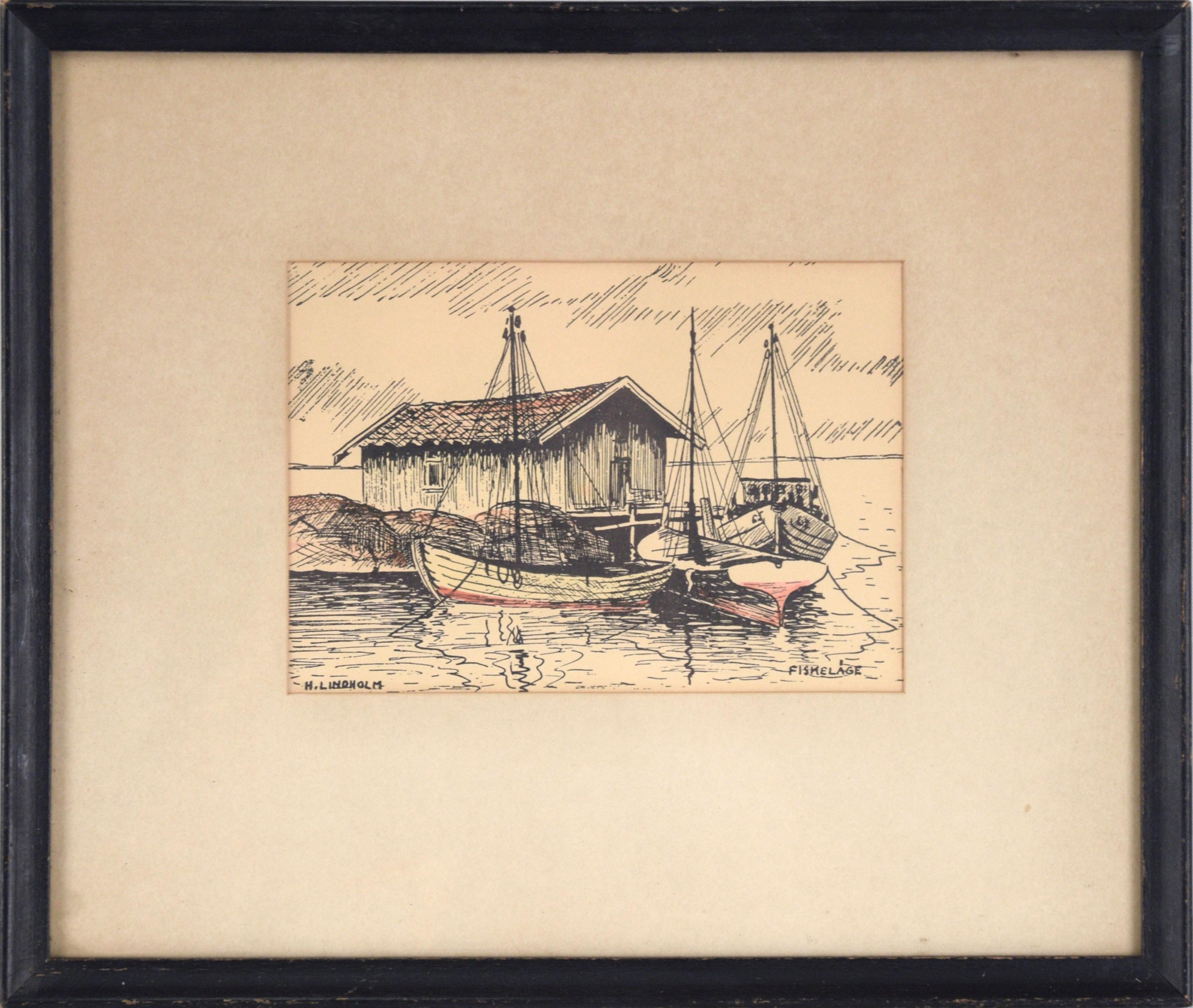 "Fiskelage" (Fishing Village)  - Hand Colored Seascape LIthograph
