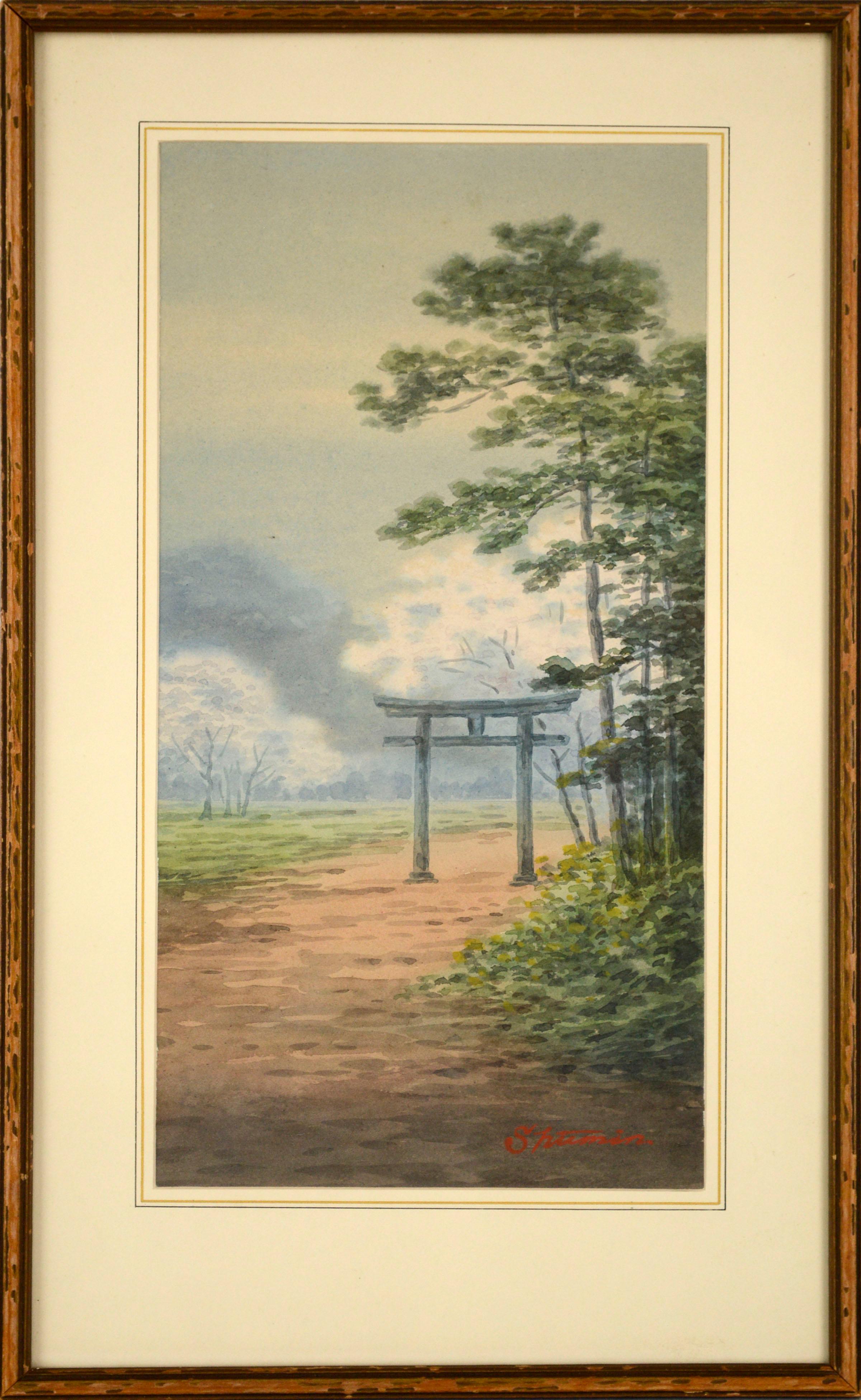 Shumin Ota  Landscape Art - Early 20th Century Japanese Landscape Watercolor with Torii Gate 