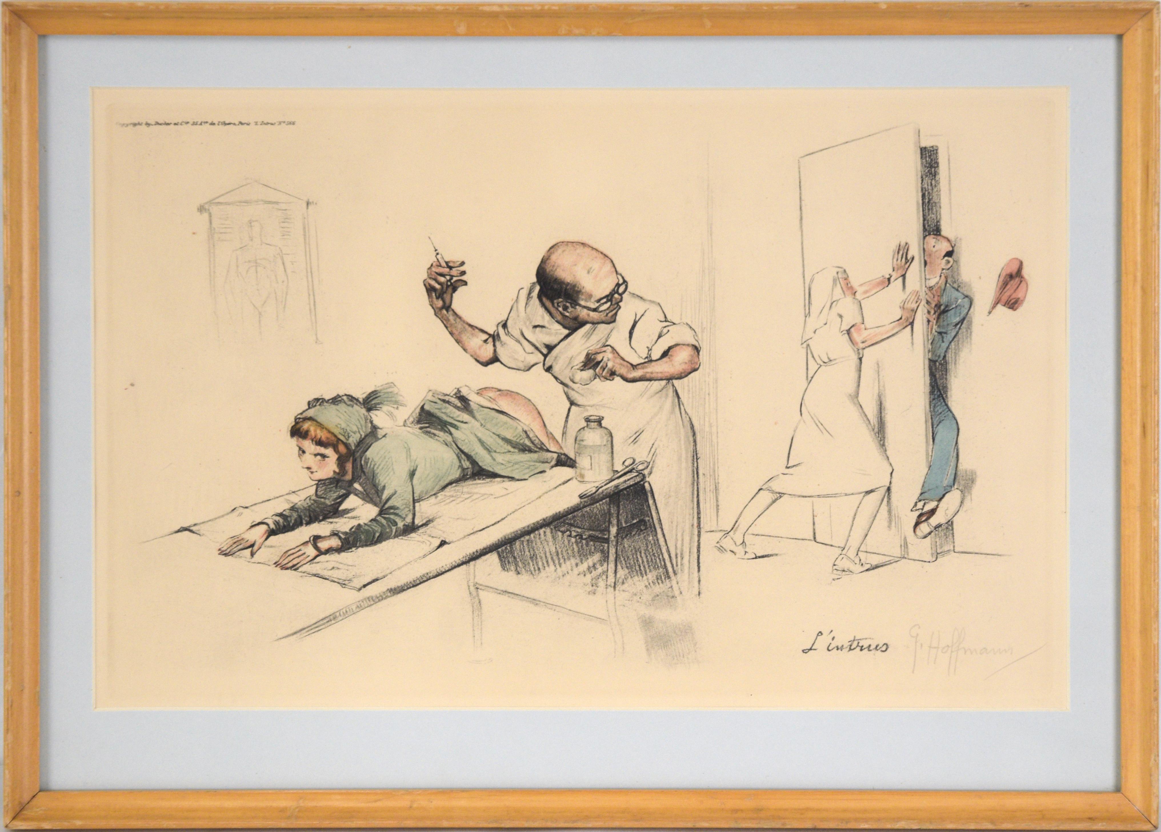 "L'intrus" - Satirical French Illustration - Hand Colored Lithograph