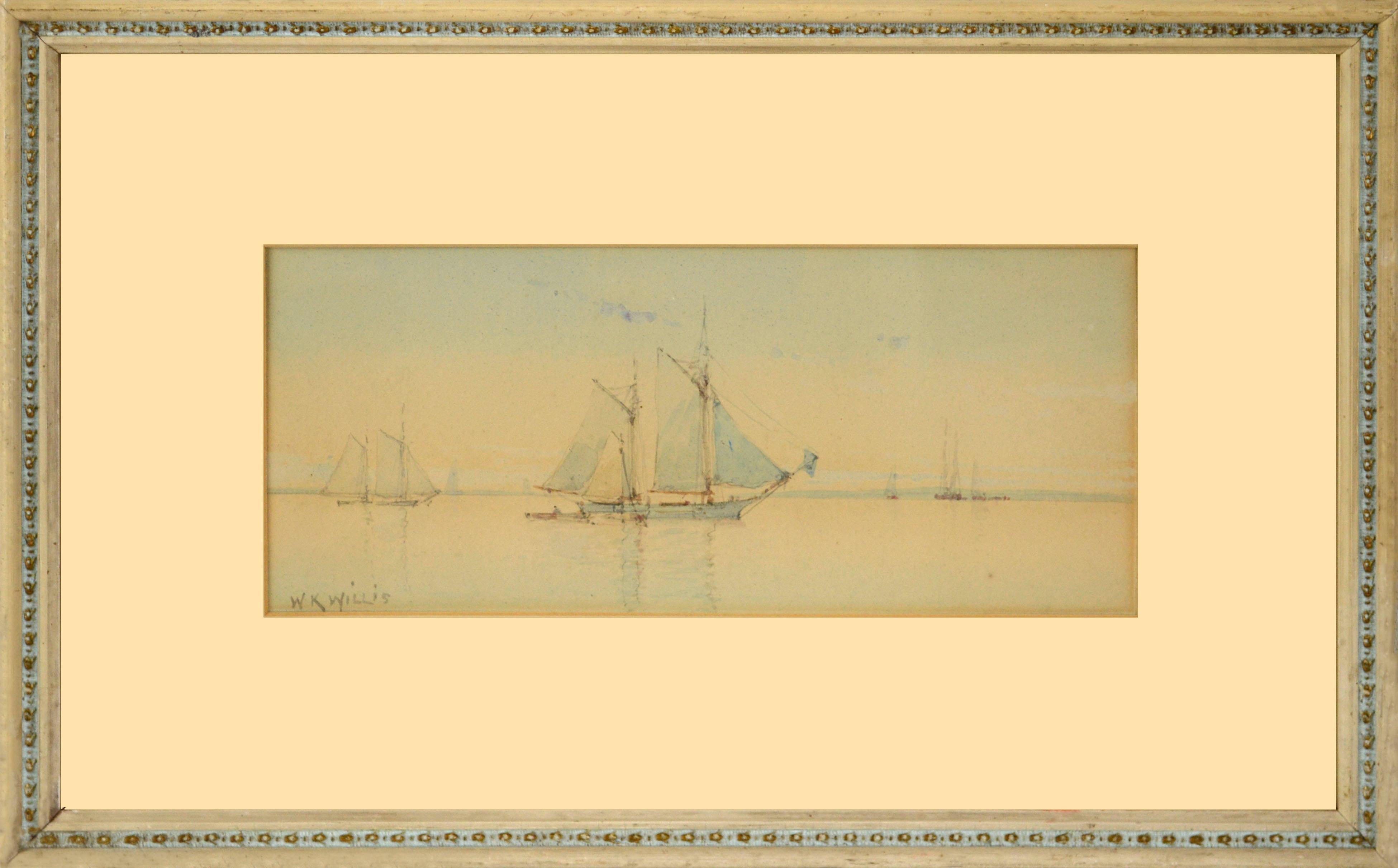 Schooners at Sail, Early 20thCentury Maritime Watercolor Seascape by W.K. Willis