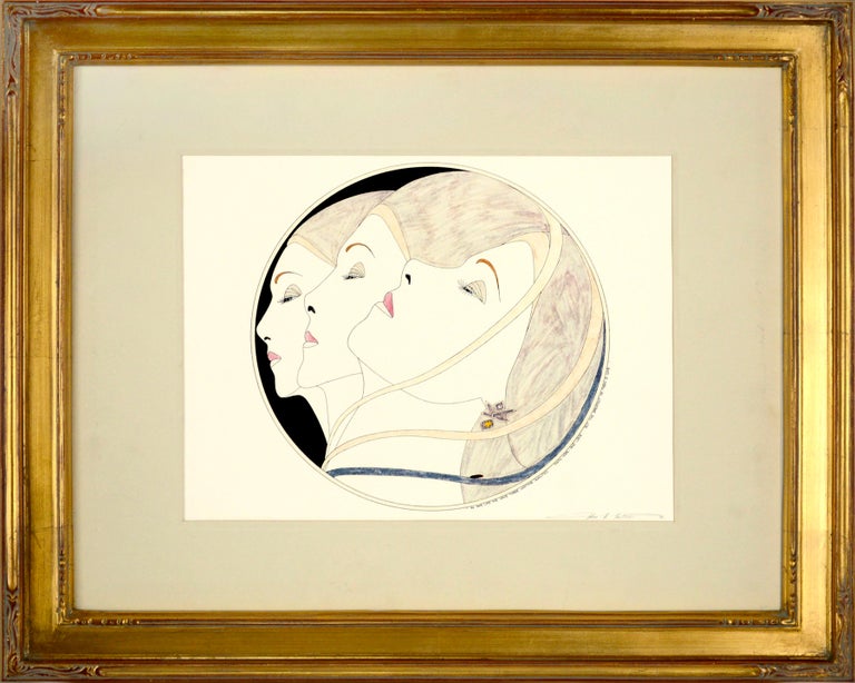 "Three Ribbon Heads", Art Deco Female Figurative by John Luke Eastman. 1984

Beautiful mid-1980's hand colored Art Deco style lithograph by Southern California artist John Luke Eastman (American, b.1929). In this 1984 version of Eastman's "Three