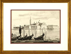 View of St. Marks Basilica, Venice Italy Landscape Watercolor with Gondolas