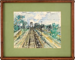 Acquerello originale Santa Fe Railroad Tracks Modulo d'ordine Treno della ferrovia di Santa Fe
