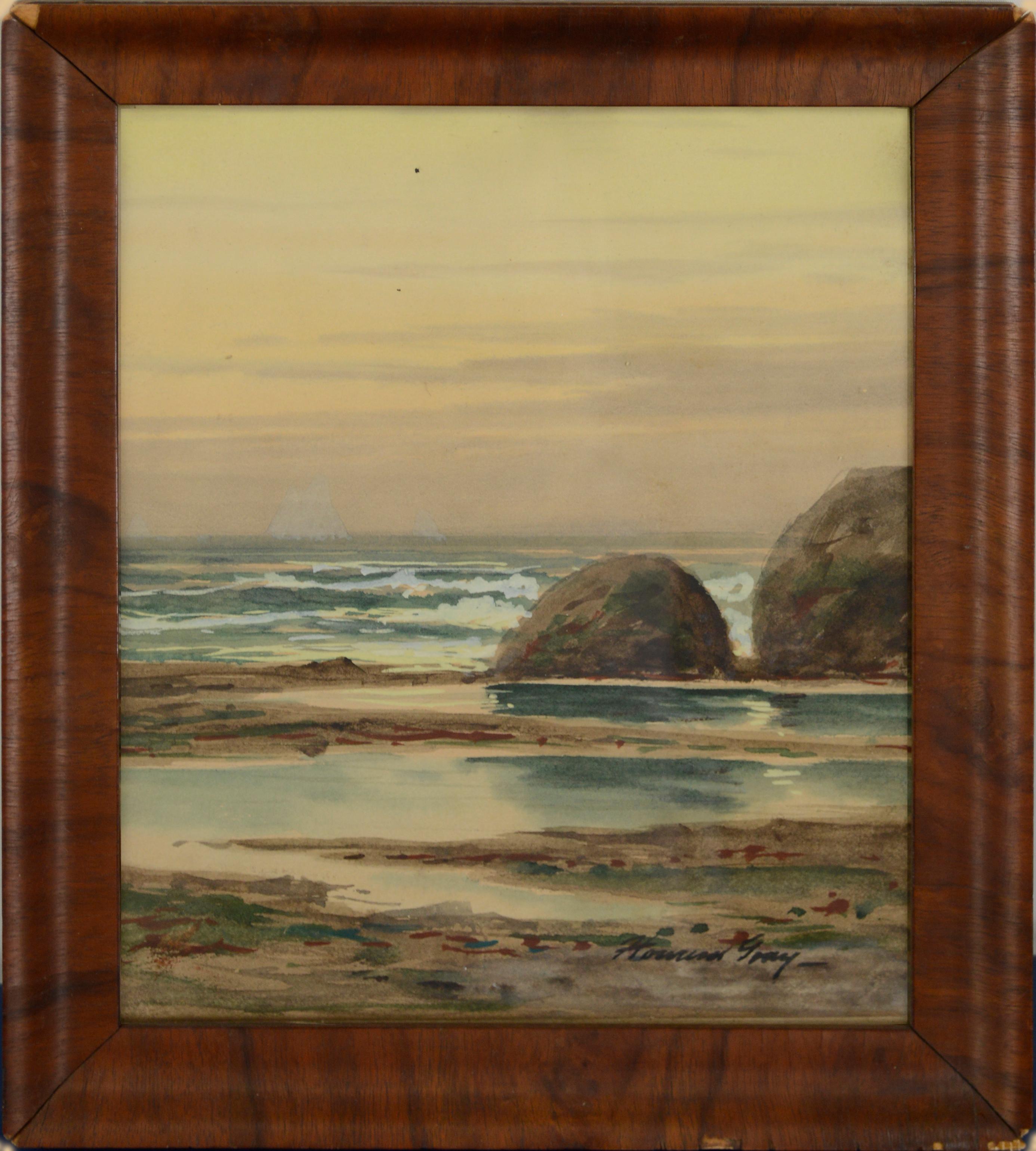 Schoner an der Küste mit Felsen, Gezeitenteichen und Vogel von Howard Garfield Gray