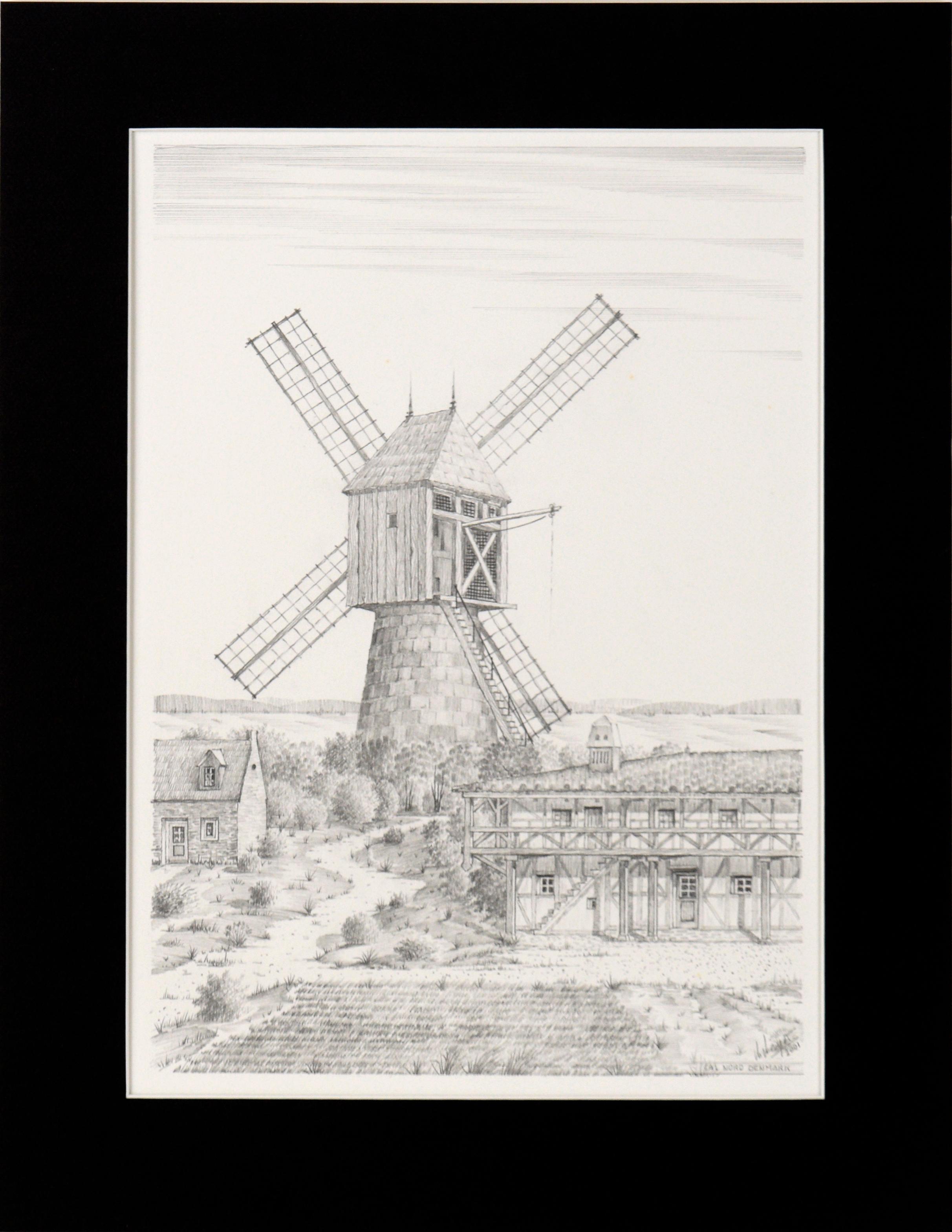 M Mayer Landscape Art - Cal Nord, Denmark - Hyper Realistic Windmill Illustration