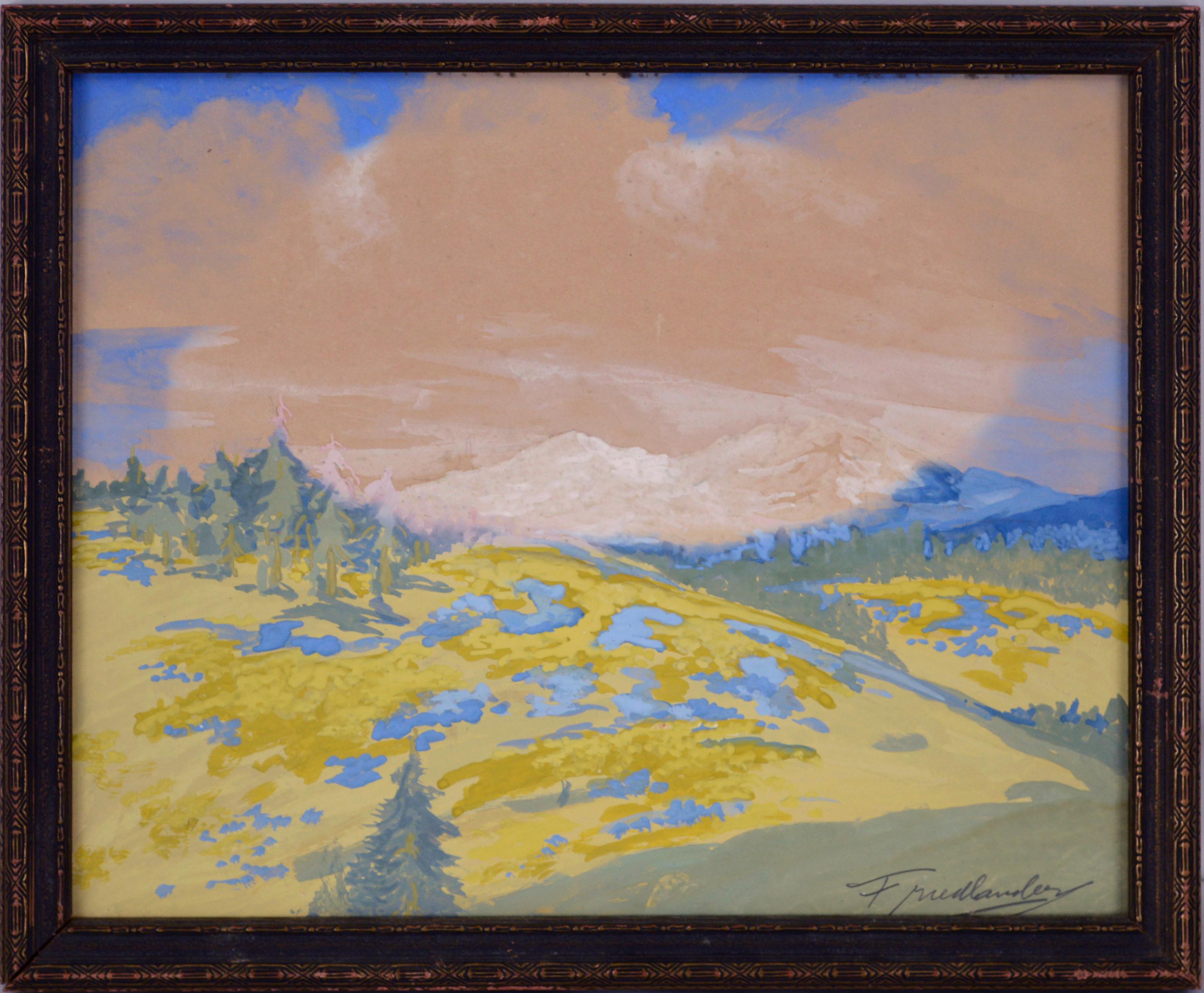 Frühling in den Bergen von Friedlander 1920er Jahre
Ausdrucksstarkes Gouache-Gemälde, das möglicherweise die Schweizer Alpen zeigt, von Friedlander
Auf Papier in einem rustikalen Rahmen der Zeit. 
Bild, 9,75 "Hx 12 "W
Rahmen 11 "H x 13.25 "W