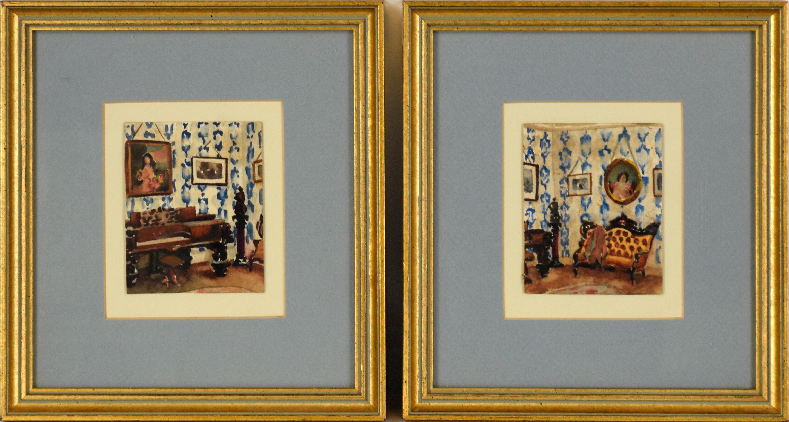 David Mode Payne Interior Art - Pair of Interior Scenes of a Victorian Home - Watercolor on Heavy Paper