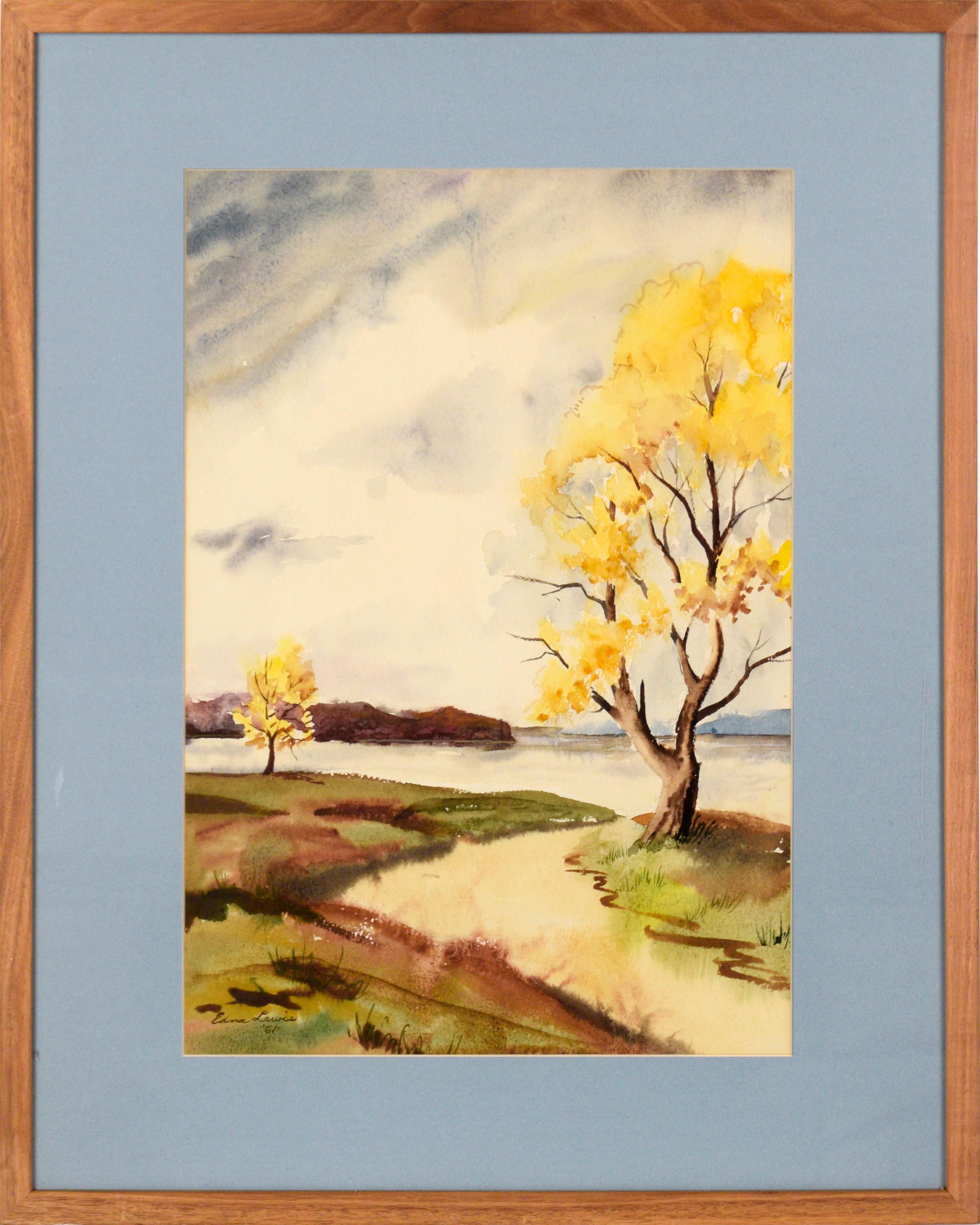 Edna Evelyn Sutherland Lewis Landscape Art - Lake Landscape with Yellow Trees - Watercolor on Paper