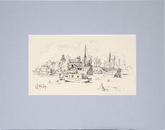 Antique "Old Caravels near La Rabida Convento"  in Spain - Palos de la Frontera - Pencil