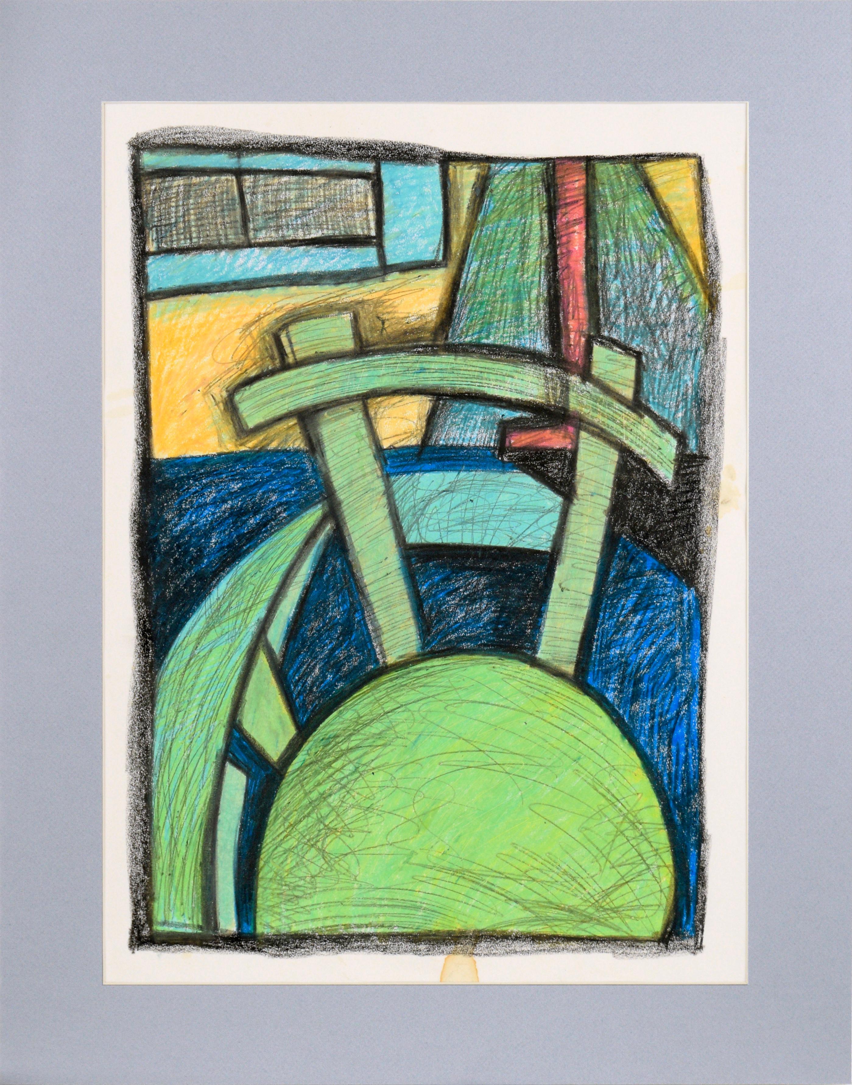 Michael William Eggleston Interior Art – Schreibtischstuhl – kubistische Interieurszene in Kreide auf Papier