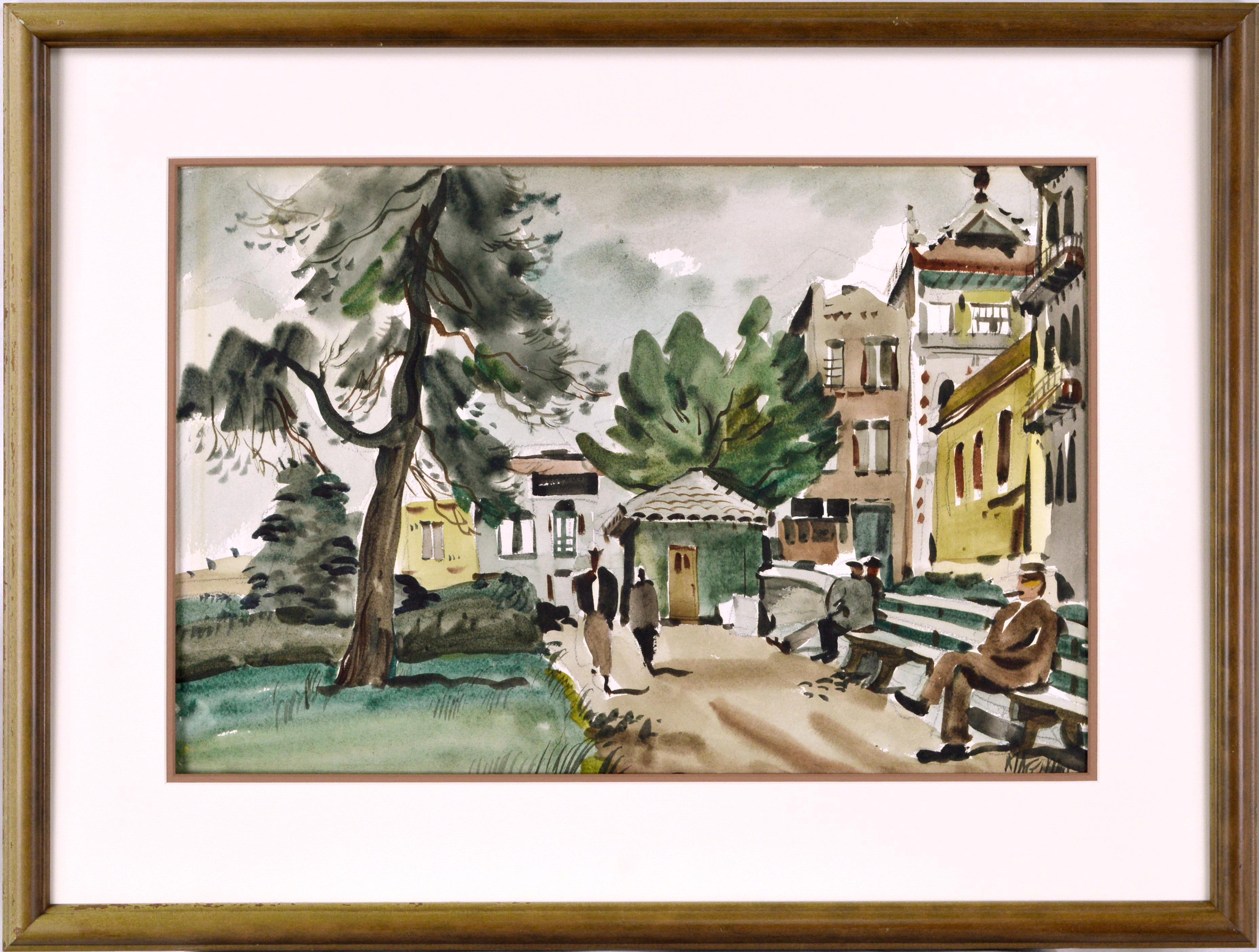 Dong Kingman Landscape Painting - China Town Park San Francisco on a Sunny Day  Water Color 1940