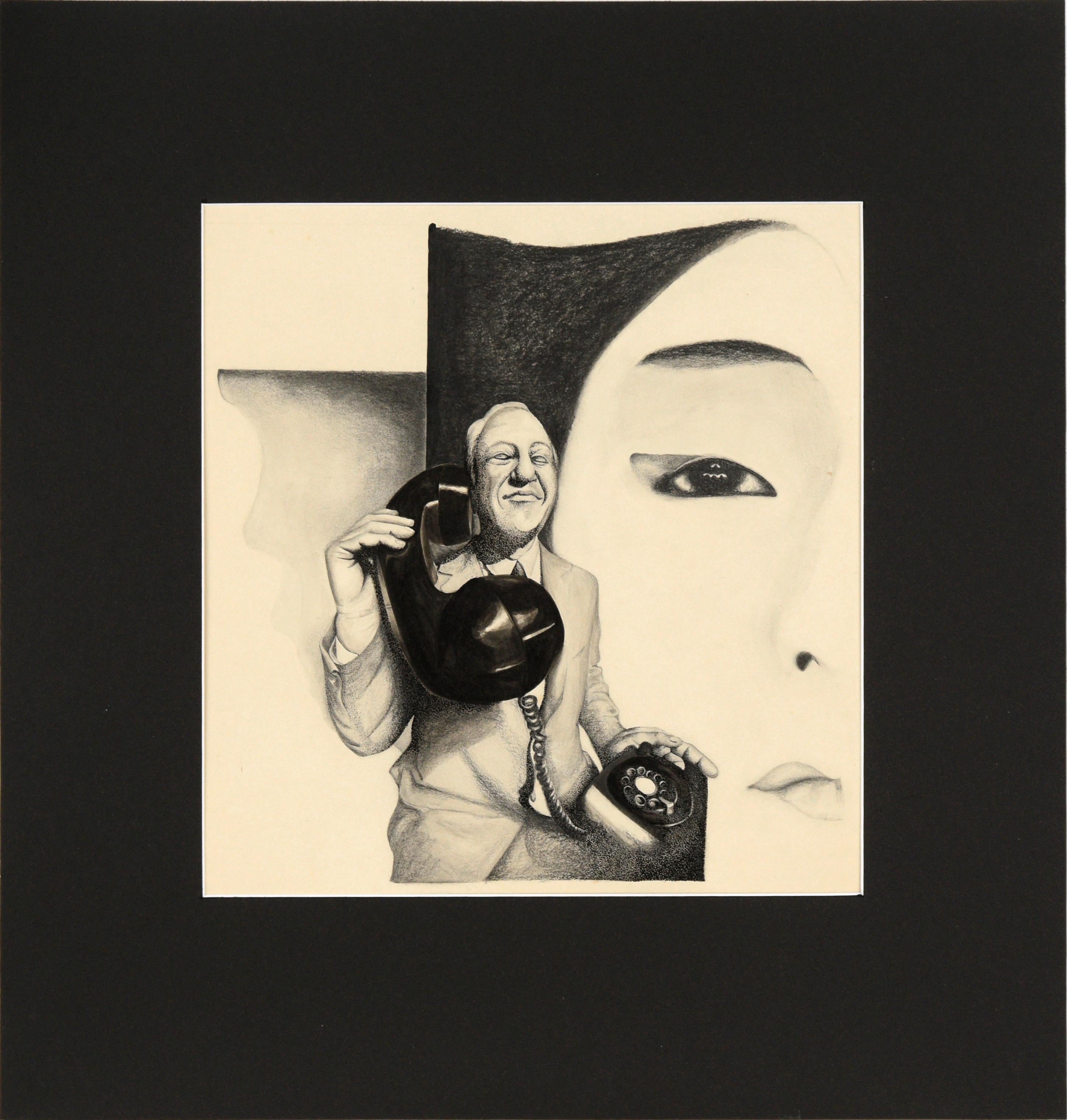 Homme au téléphone - Portrait surréaliste en noir et blanc à l'encre sur papier