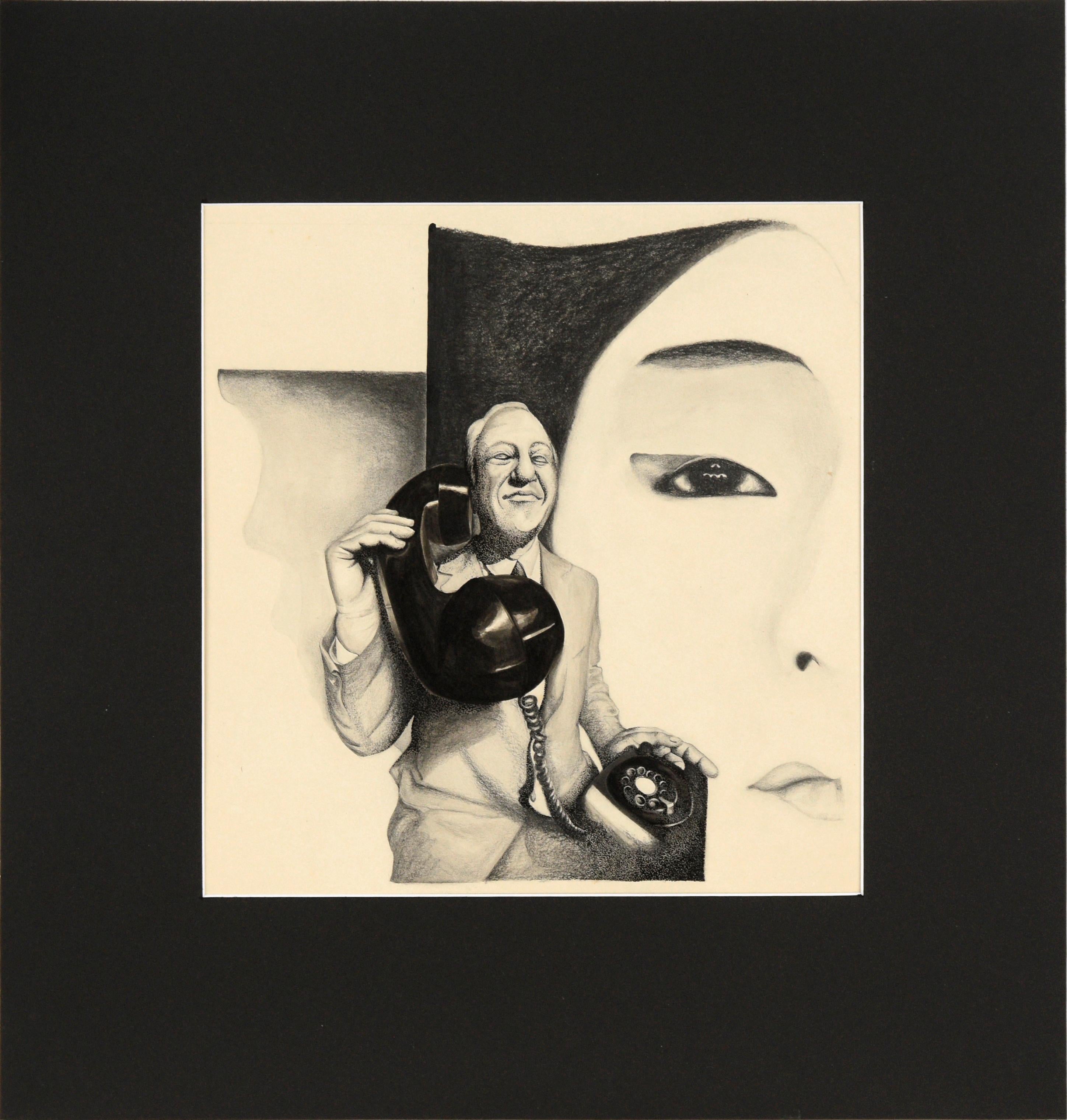 Uomo con telefono - Ritratto surrealista in bianco e nero con inchiostro su carta