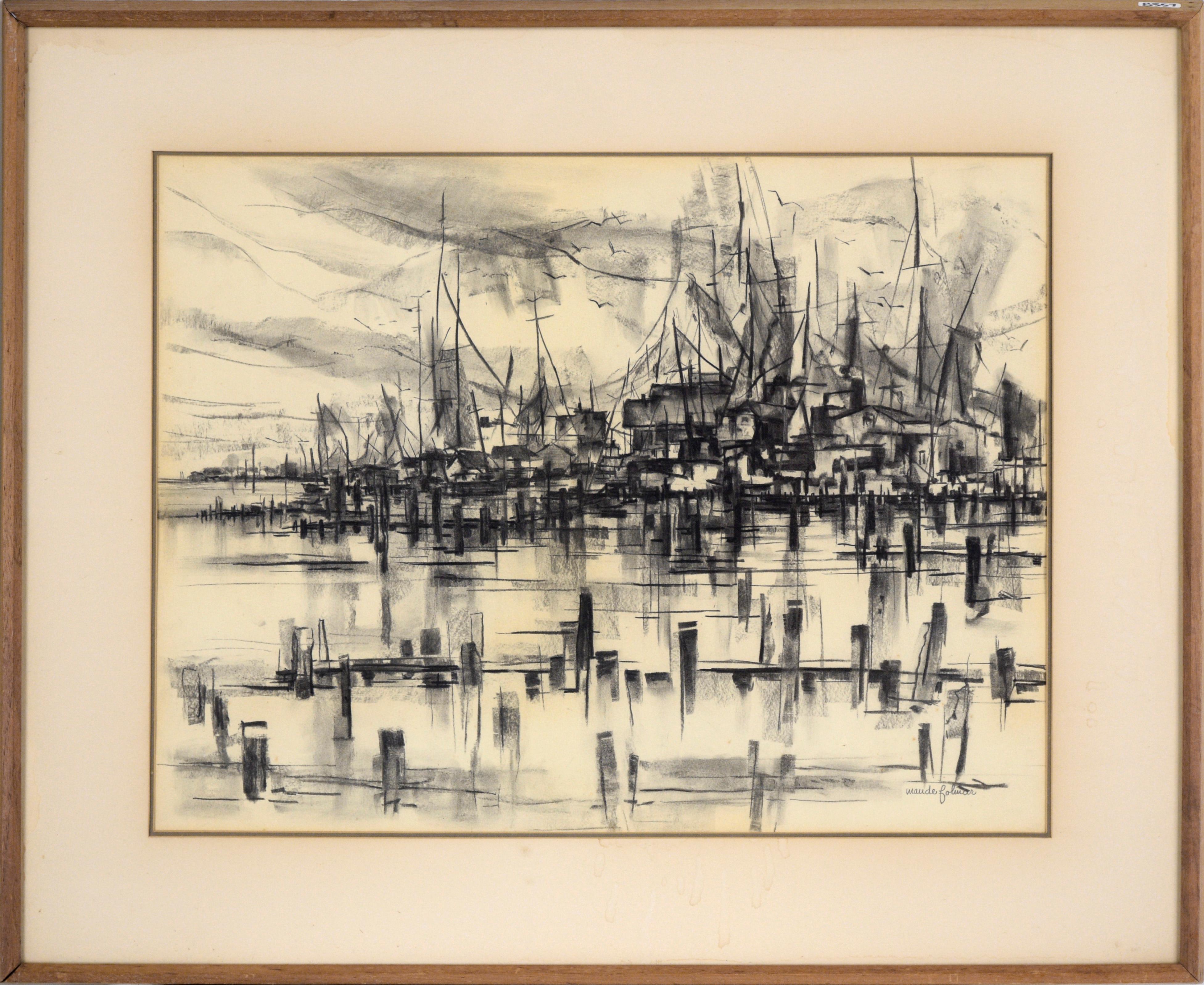 Maude Folmar Ramsey Landscape Art - Ships at the Harbor - Nautical Seascape with Seagulls in Charcoal on Paper