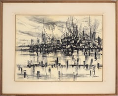 Ships at the Harbor - Nautical Seascape with Seagulls in Charcoal on Paper