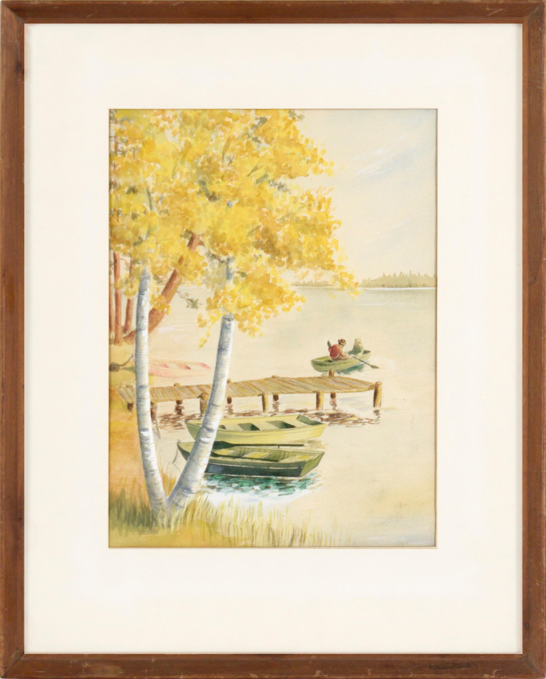 Audrey Balk Landscape Art - Rowboat Outing - Fall Landscape with Rowboats in Watercolor on Paper