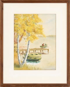 Vintage Rowboat Outing - Fall Landscape with Rowboats in Watercolor on Paper