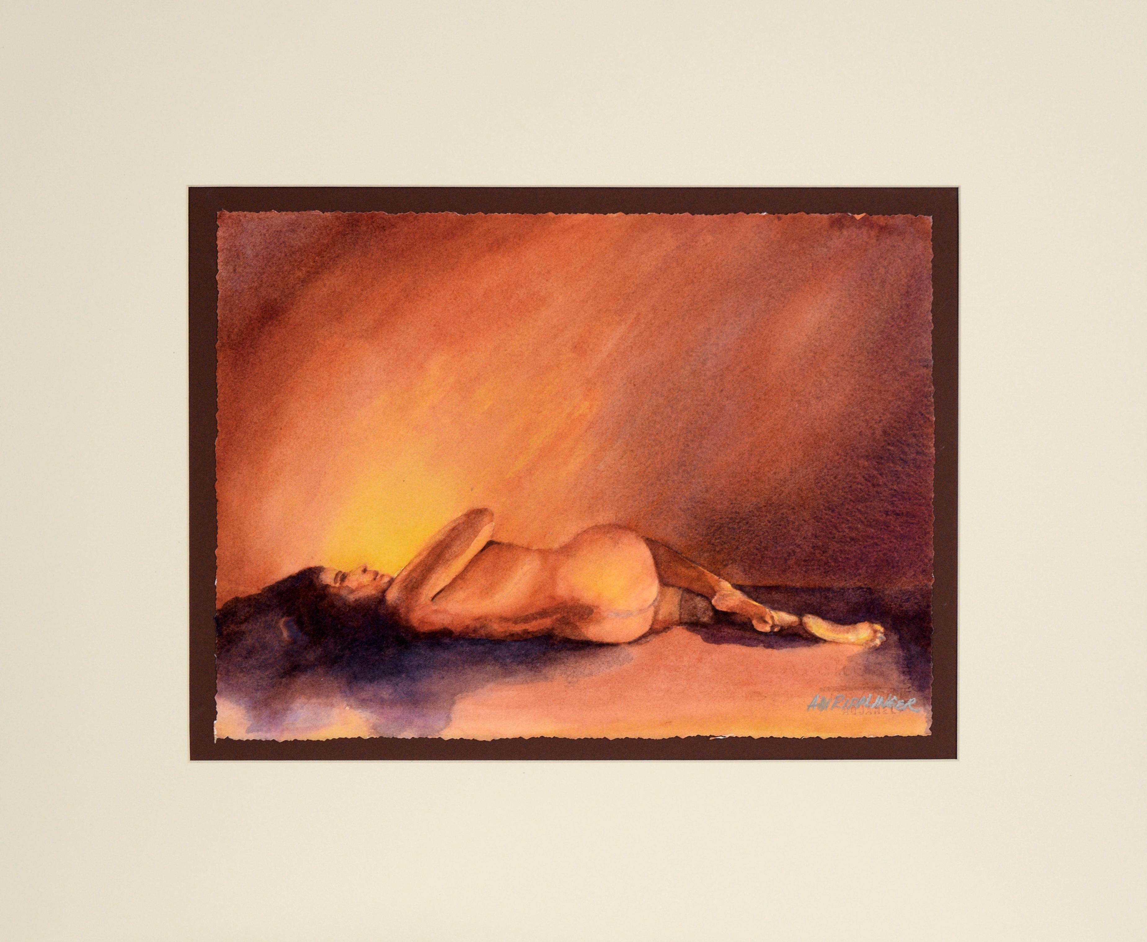 Modernist Original Watercolor Painting - Reclining Nude Female Figure Study  - Art by Annette Ripplinger