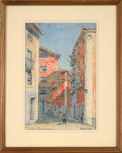 Vintage Street in Alfama Neighborhood Lisbon Portugal in Watercolor on Paper by Quignard