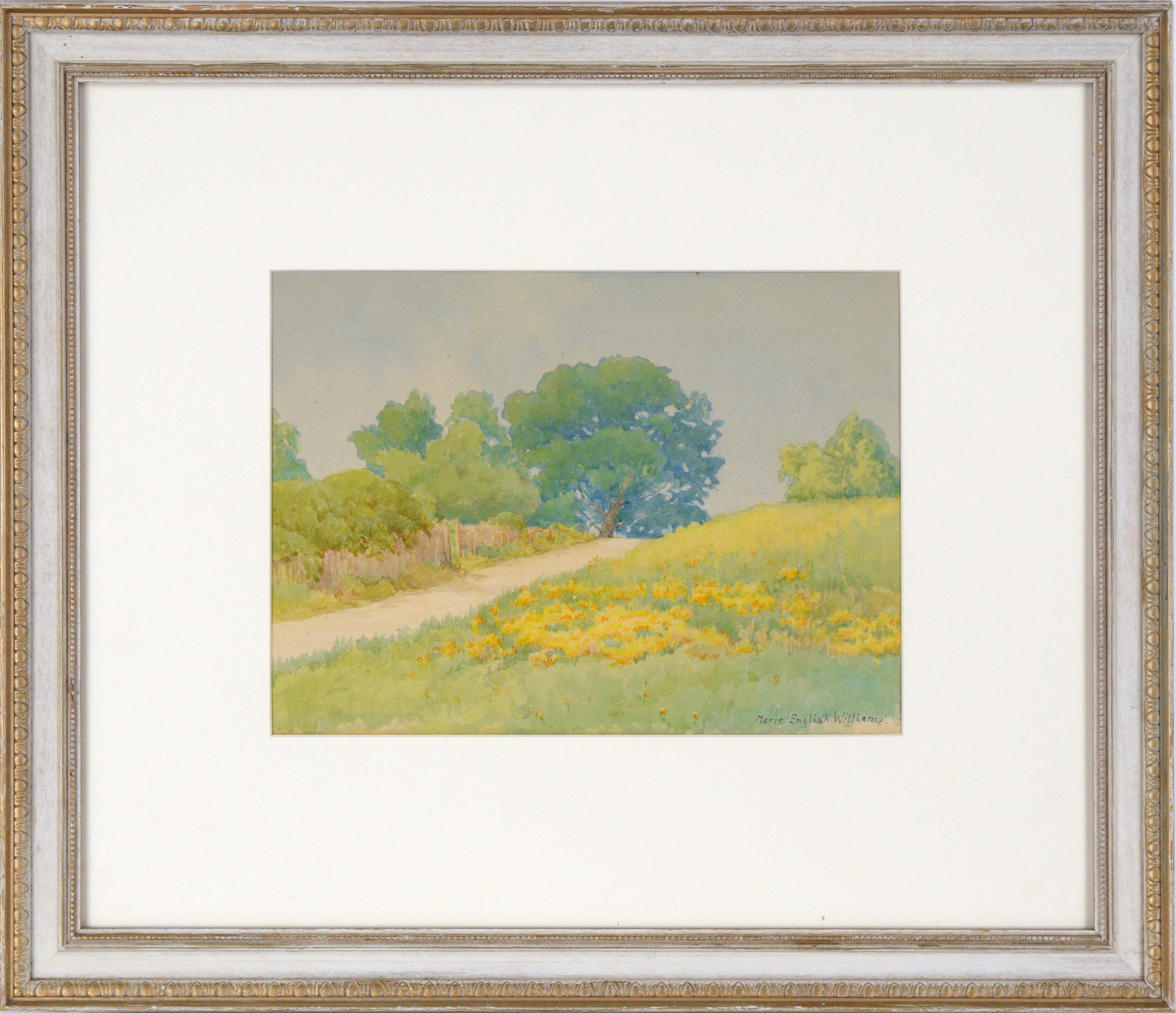 Marie English Williams Landscape Art - California Golden Poppies and Blue Oaks - Rural Landscape in Watercolor on Paper