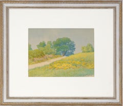 California Golden Poppies and Blue Oaks - Rural Landscape in Watercolor on Paper