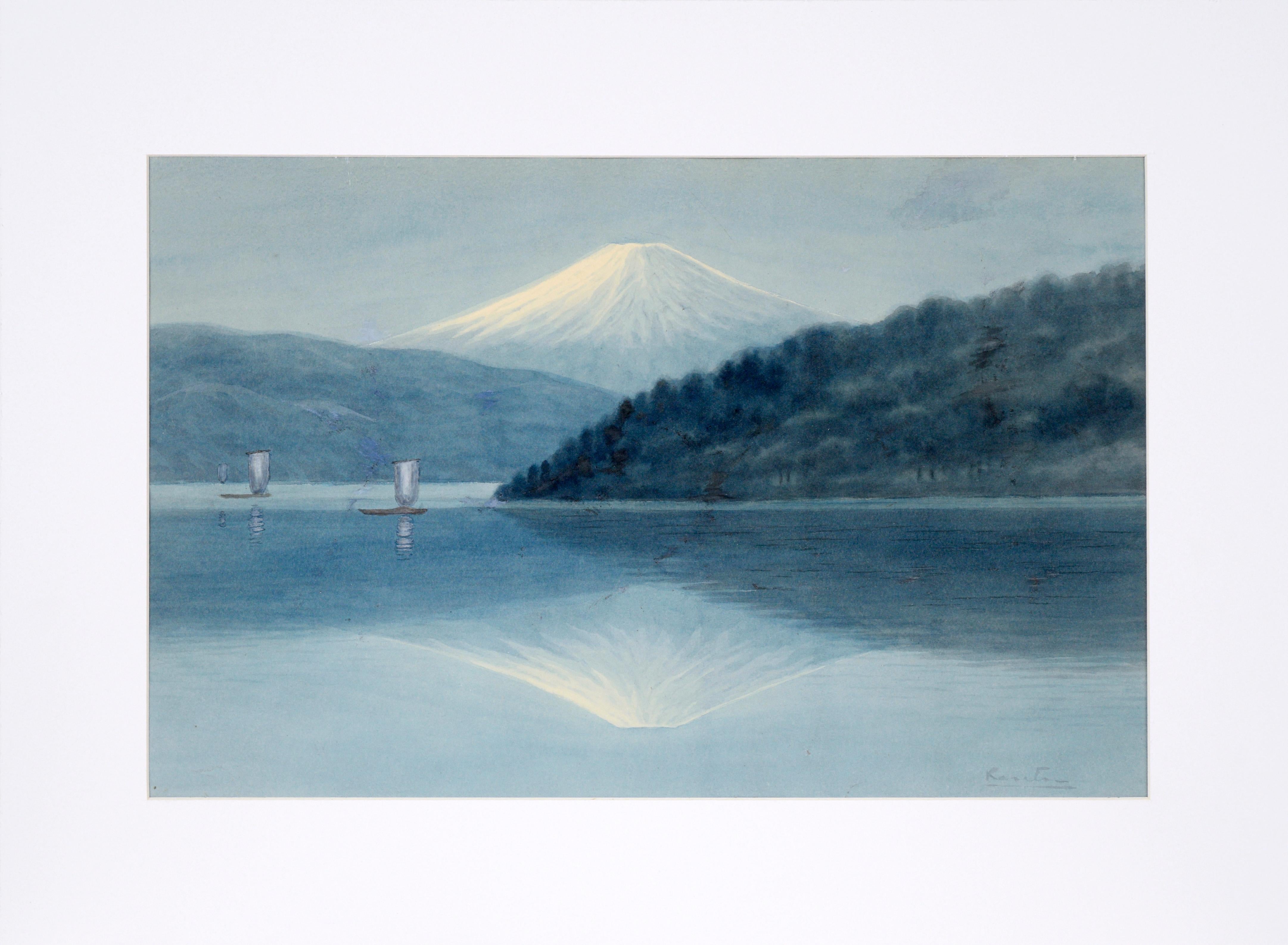 Reflection of Mt. Fuji on Lake, nach Niimi Sei – Aquarell auf Papier – Art von Unknown
