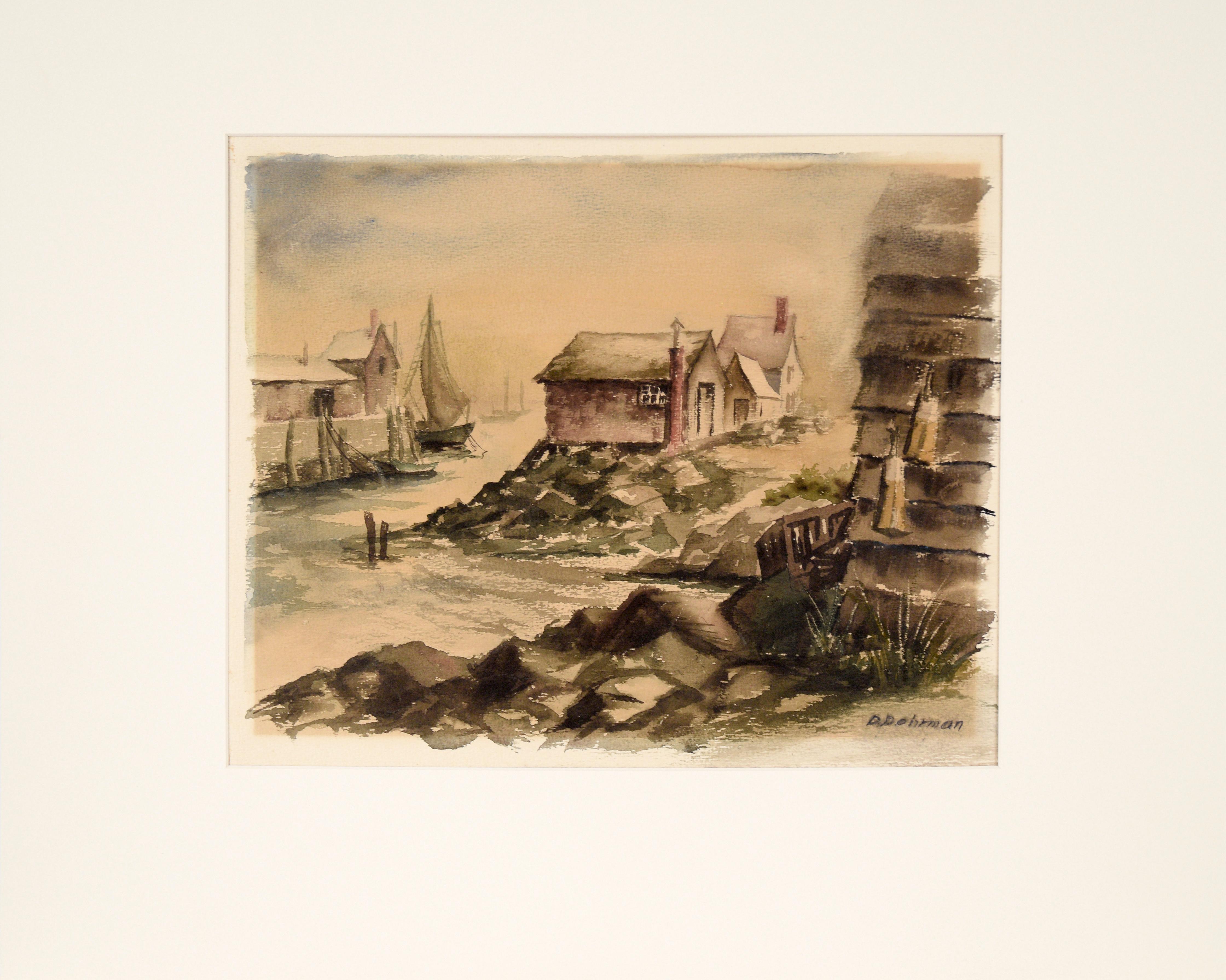 Fishing Village in Gloucester Harbor, 1950 – Aquarell auf Papier – Art von Unknown