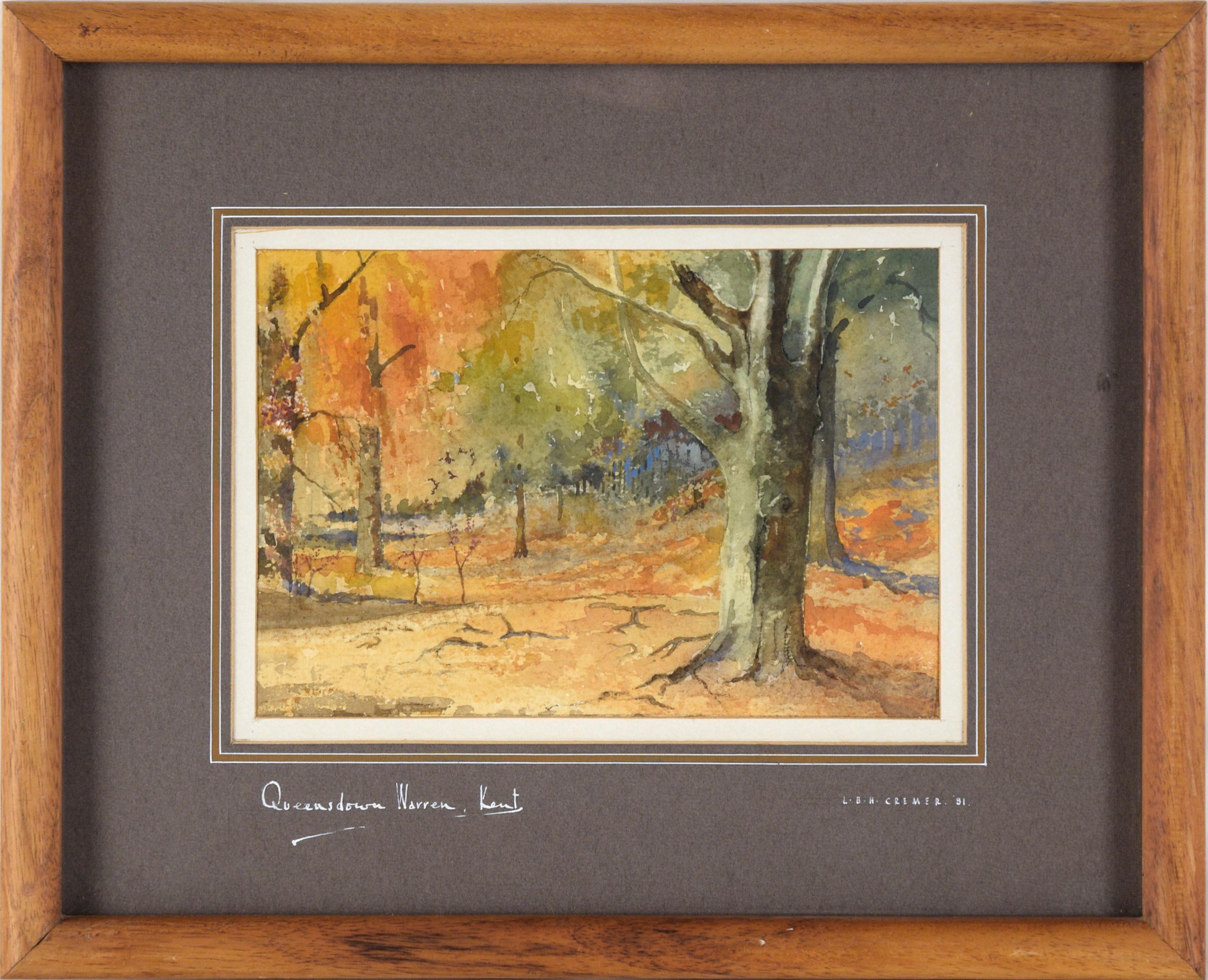 L B H Cremer Landscape Art - Queensdown Warren, Kent - Autumn Forest Interior Landscape in Watercolor
