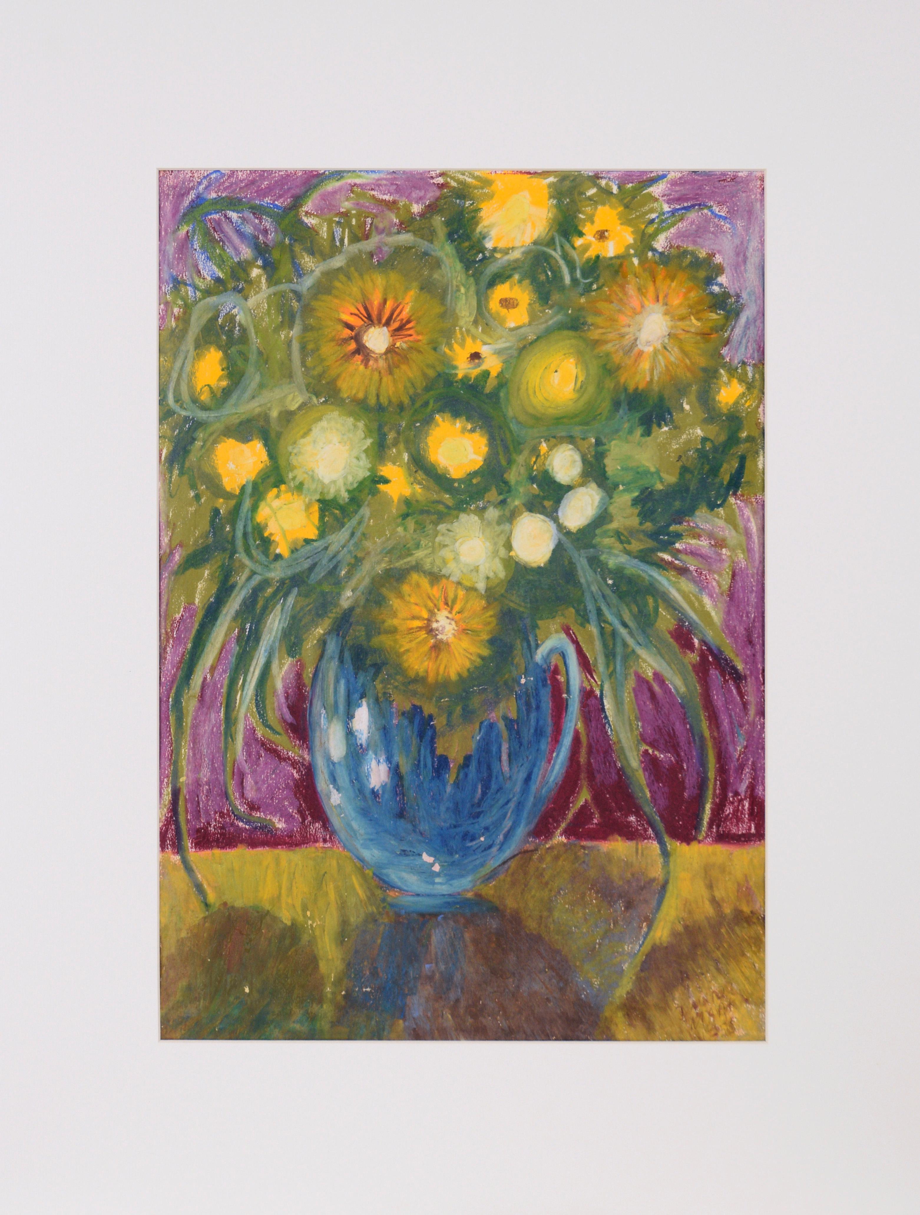 Daisies und Sonnenblumen – Stillleben, Ölpastell auf Papier