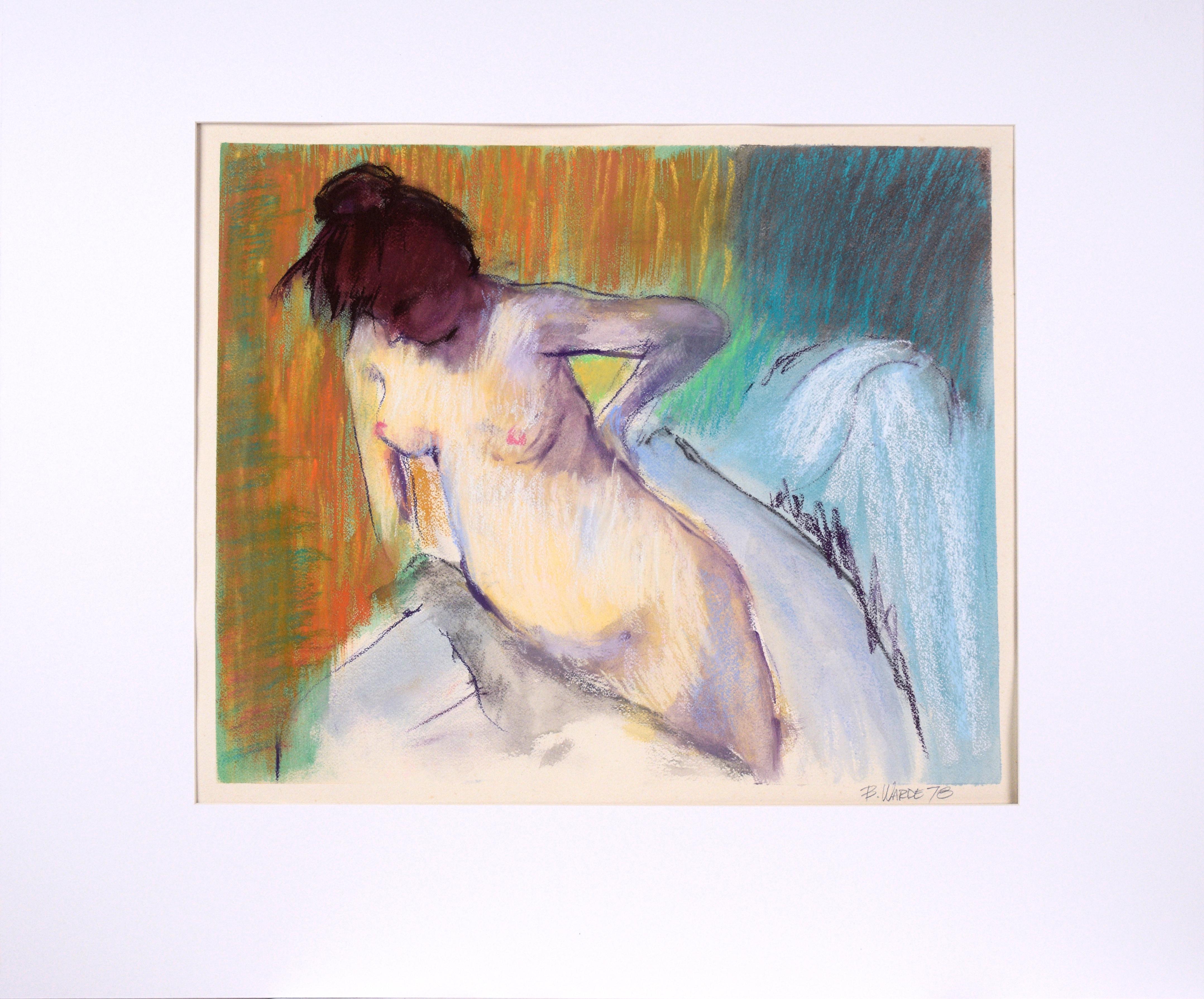 Unknown Figurative Art - Standing Female Figurative Nude in Watercolor and Pastel on Paper by B. Warde
