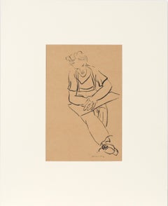 Portrait Drawing of a Man at a Desk in India Ink on Tan Paper