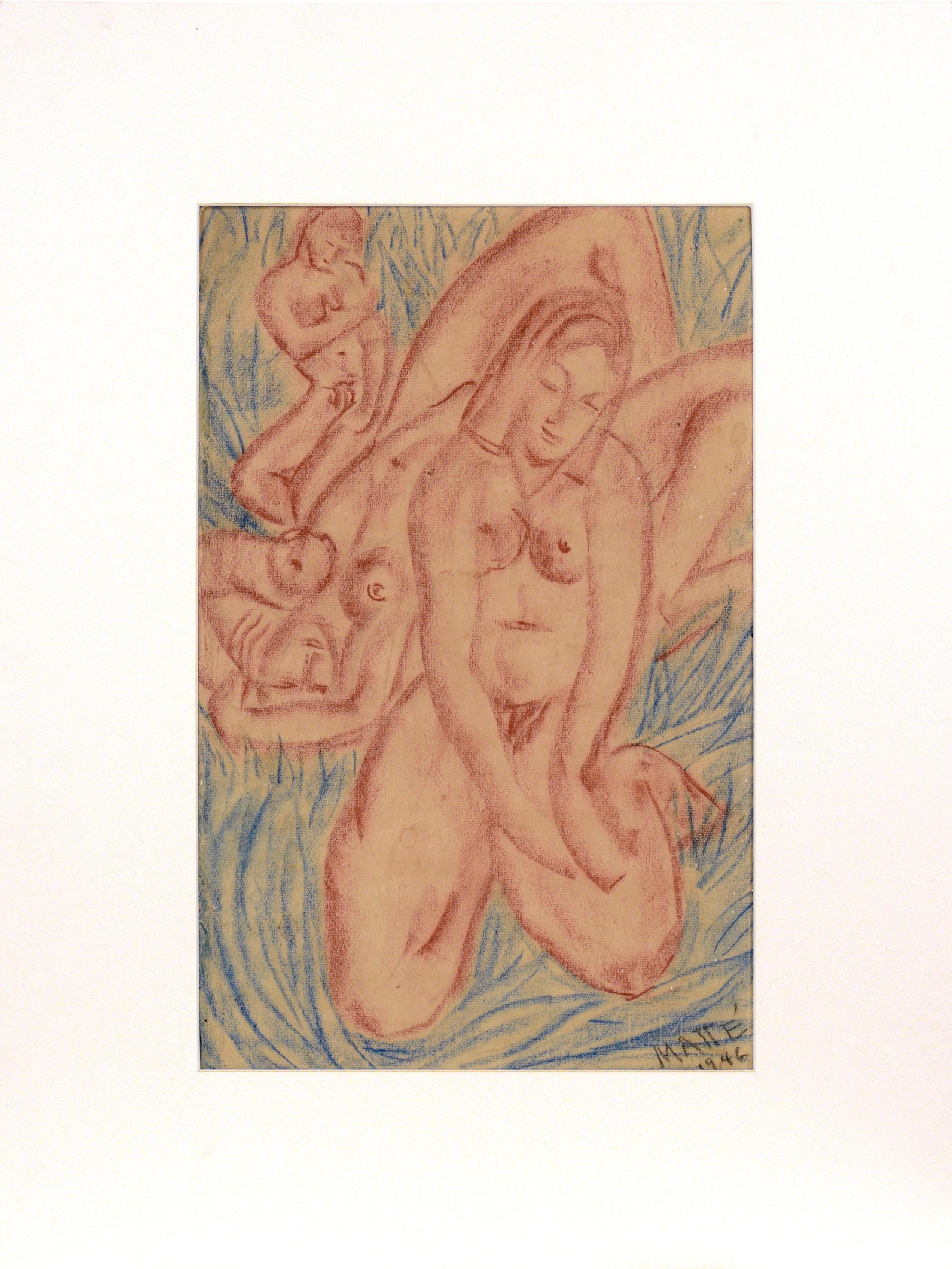 Vintage 3 Figurative Nudes in Conté Crayon on Paper (1946) Matté‎ 

In an indigo blue and burnt orange color palette by French artist Matté‎  (French, 20th C), this artwork gives an vintage tropical feel with a leafy pattern surrounding three nude