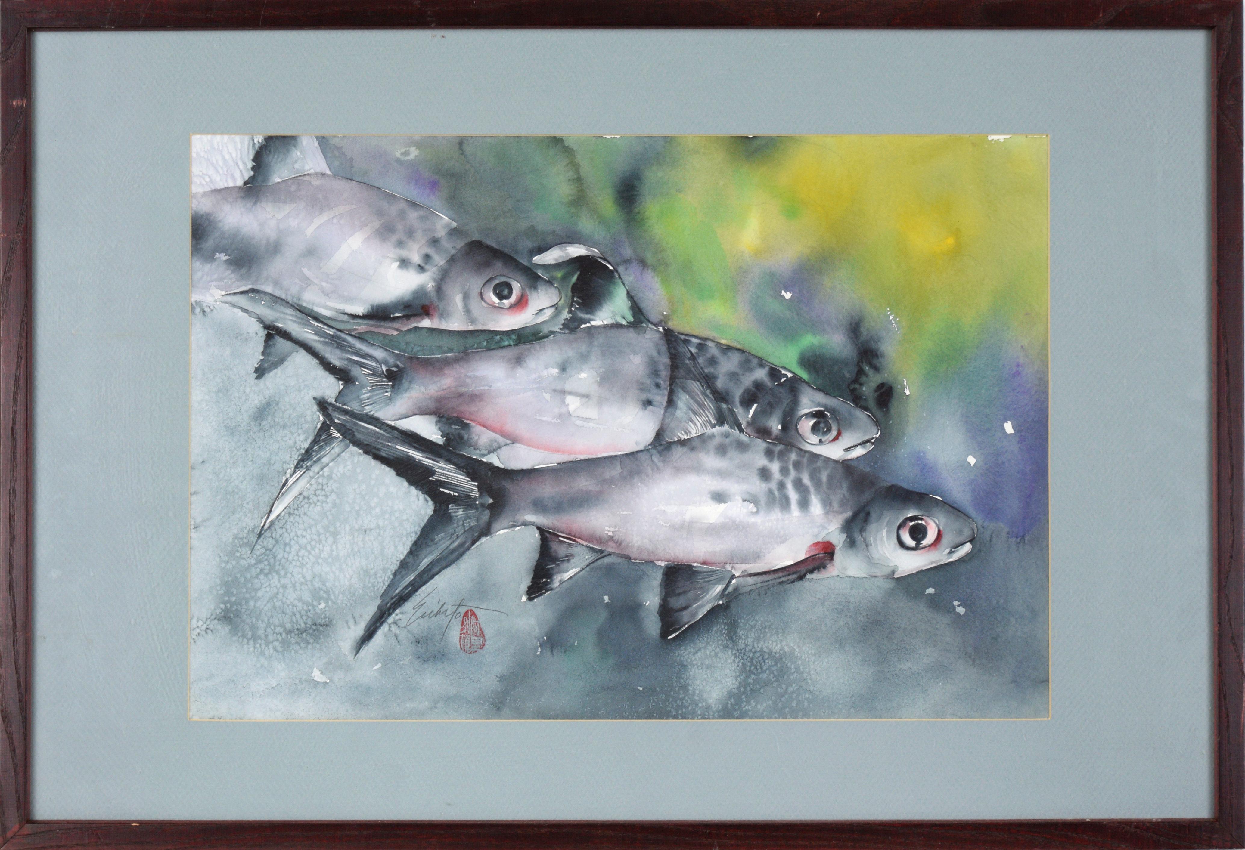 Unknown Figurative Art - Three Fish Watercolor on Paper