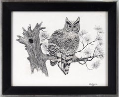Retro Great Horned Owl Sitting on a Branch - Illustration in Ink on Cardstock