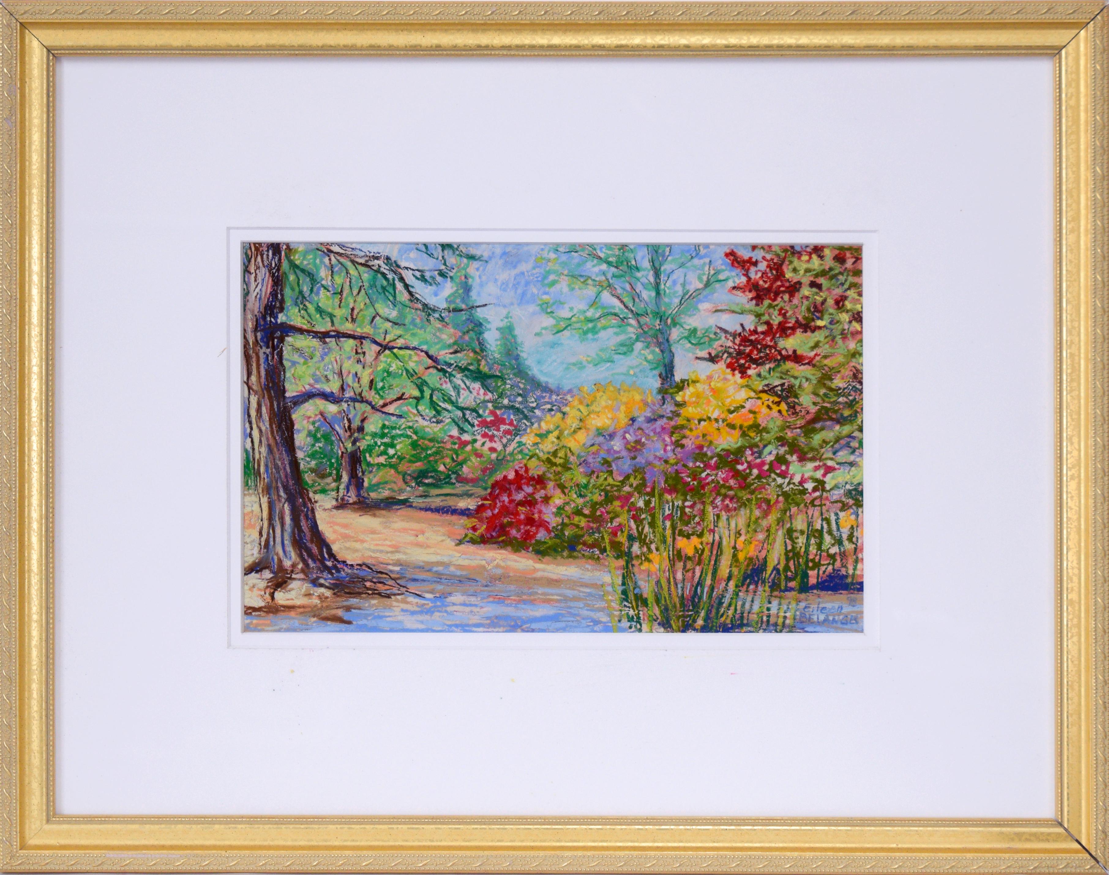 Eileen Belanger Landscape Art - Over the Pastel Garden Wall - New England - Original Oil Pastel on Paper 1998