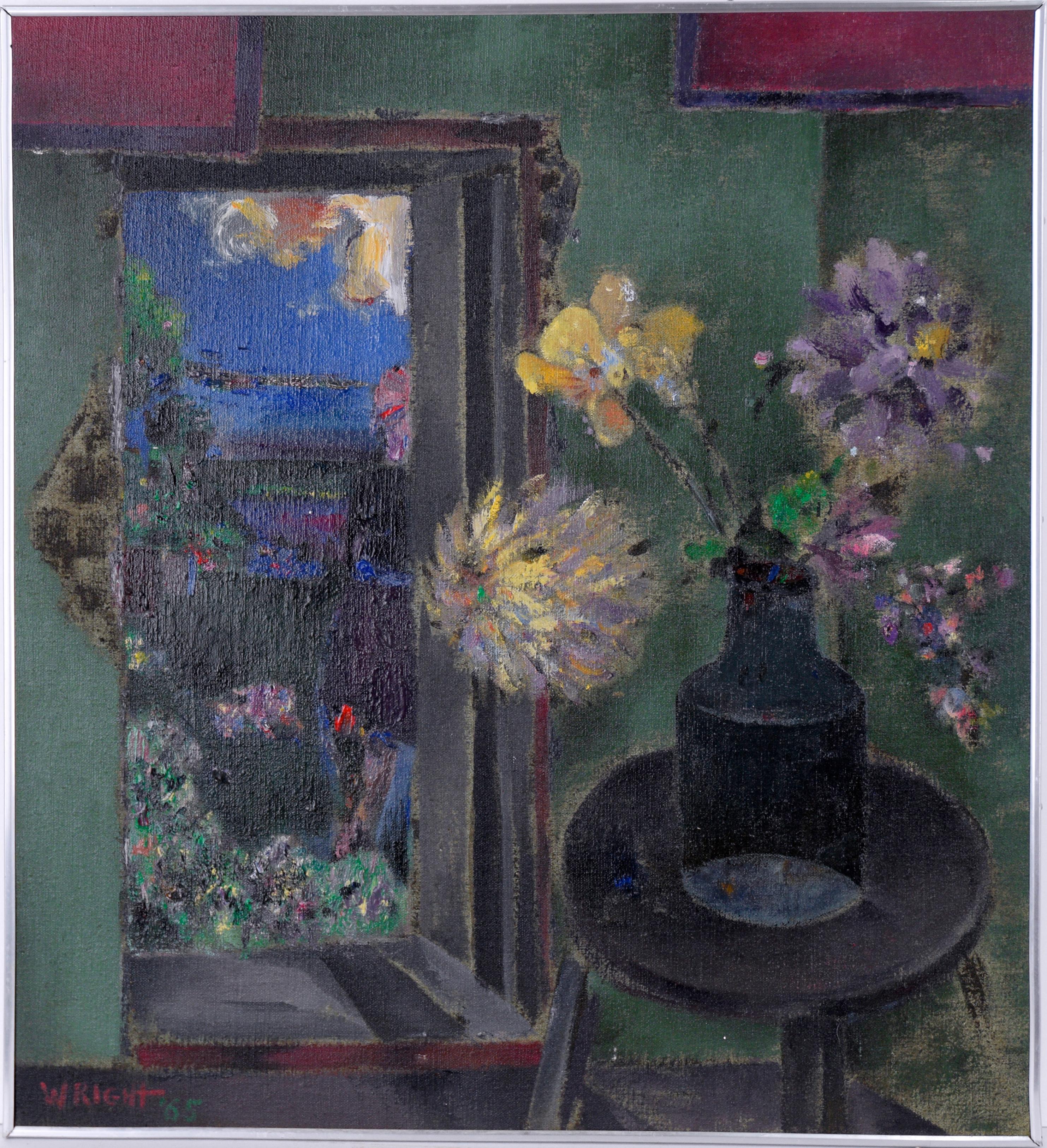 Vase at Dusk - Expressionist Still Life Original Oil Painting by Wright

Brightly colored flowers sit in a vase on a table against hues of dark green giving the feel of darkness creeping in. One yellow chrysanthemum peeks around the window as if