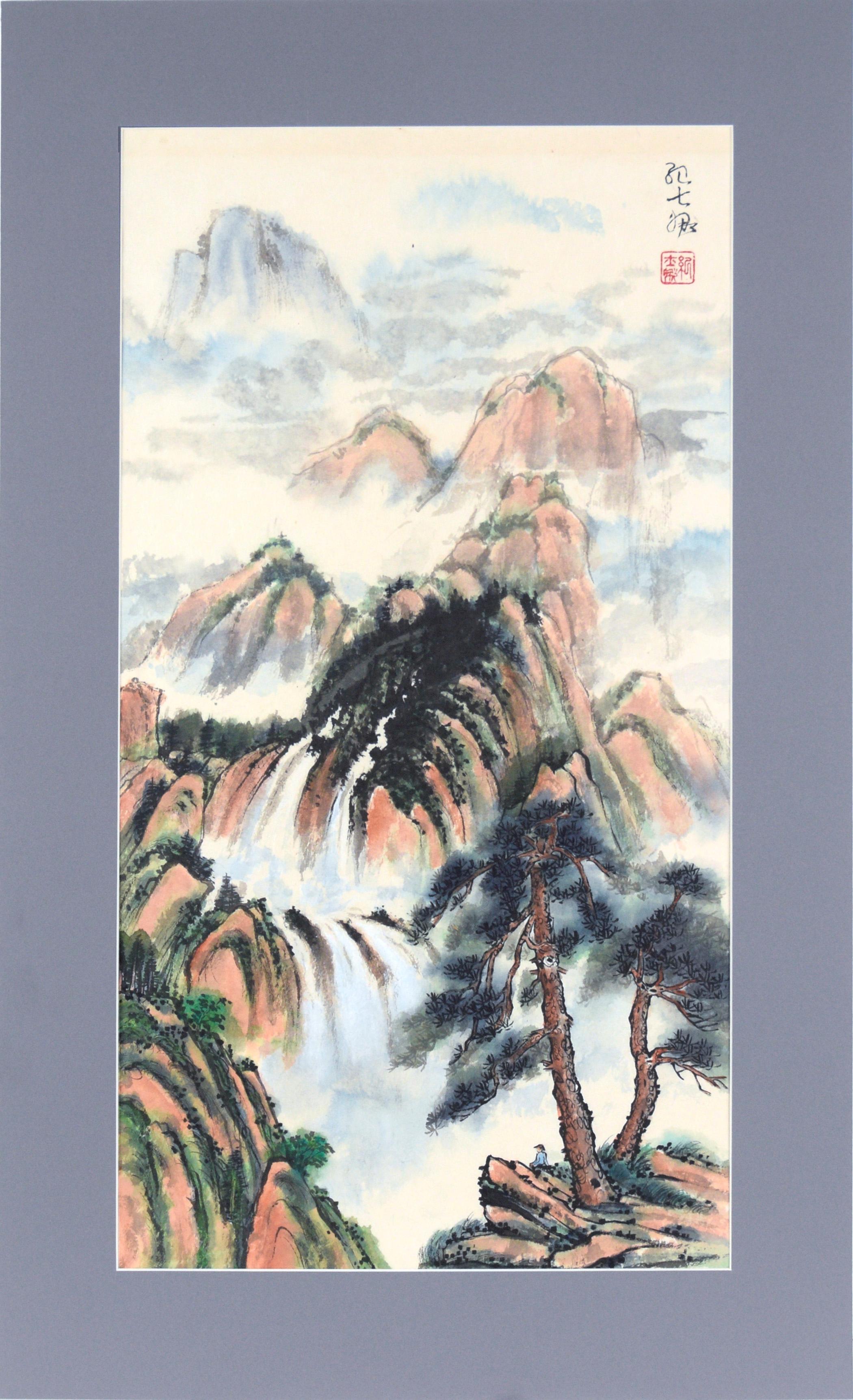 Unknown Landscape Art – Vertikale chinesische Frühlings-Regenbogen-Landschaft mit Wasserfällen und Bergen