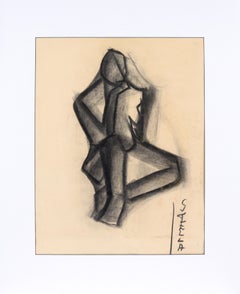 Vintage Cubist Charcoal Figure Drawing on Paper