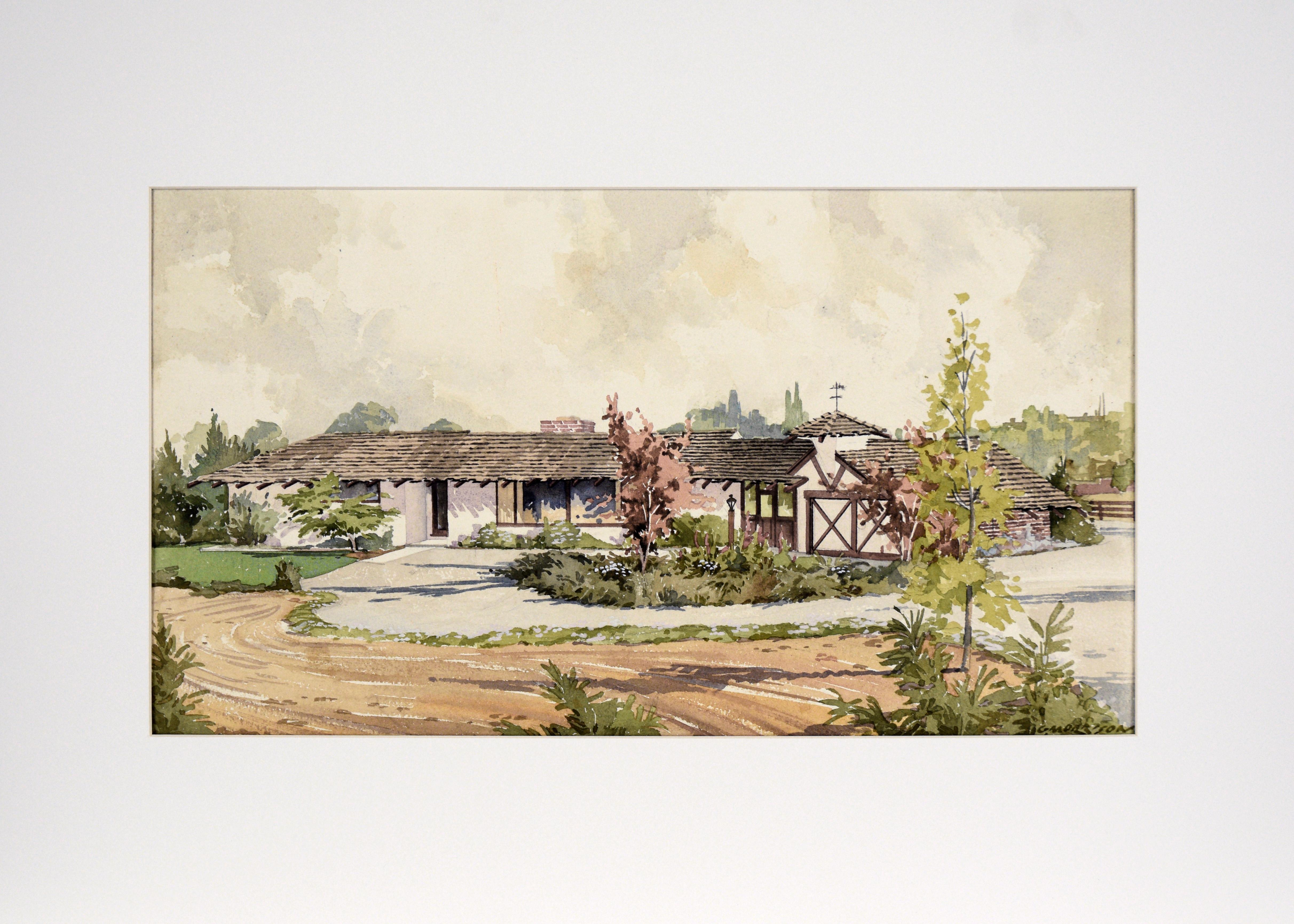 George Alfred Morrison Landscape Art - California Ranch Original Watercolor Landscape 