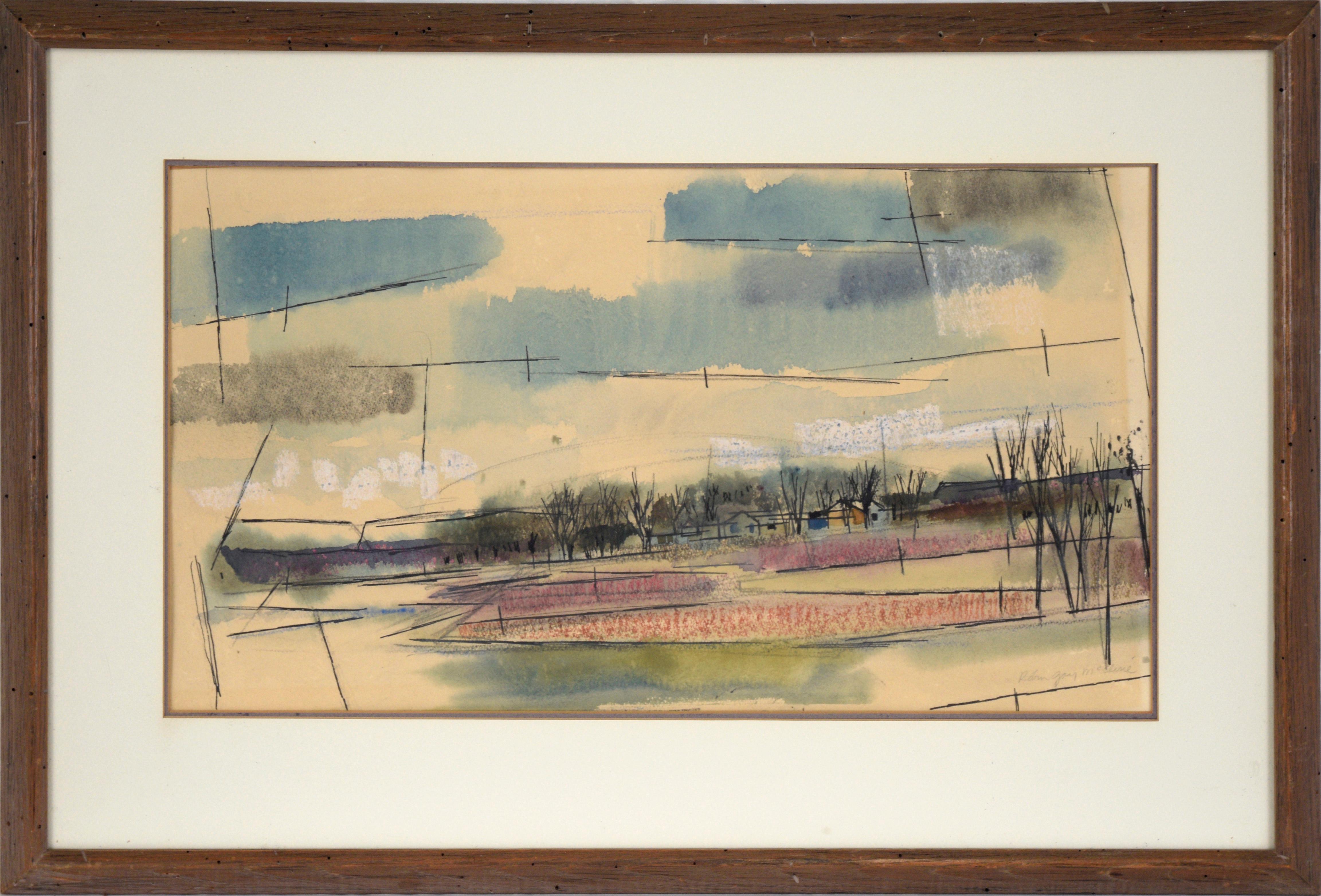 Robin Gay McCline Landscape Art - Mid Century Modern Farmhouse Landscape in Watercolor and Ink on Paper
