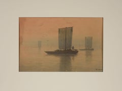 Barche all'alba - Acquerello originale e gouache su cartoncino