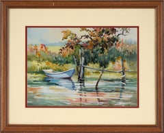 Rowboat at the Edge of the Pond in Aquarell auf Papier