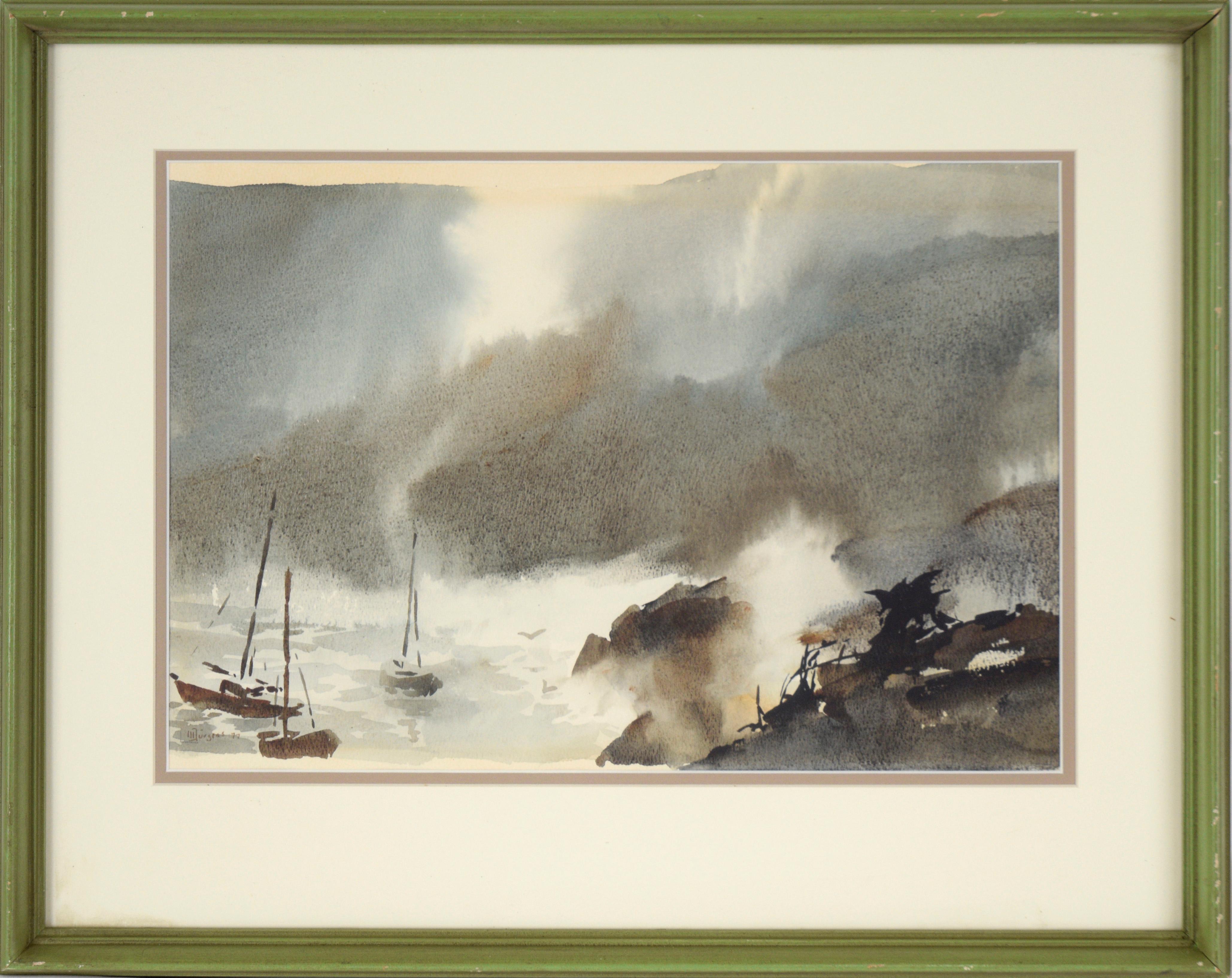 Werner Jurgens Landscape Art – Sturmküste mit Segelbooten - Meereslandschaft in Aquarell auf schwerem Papier aus der Mitte des Jahrhunderts